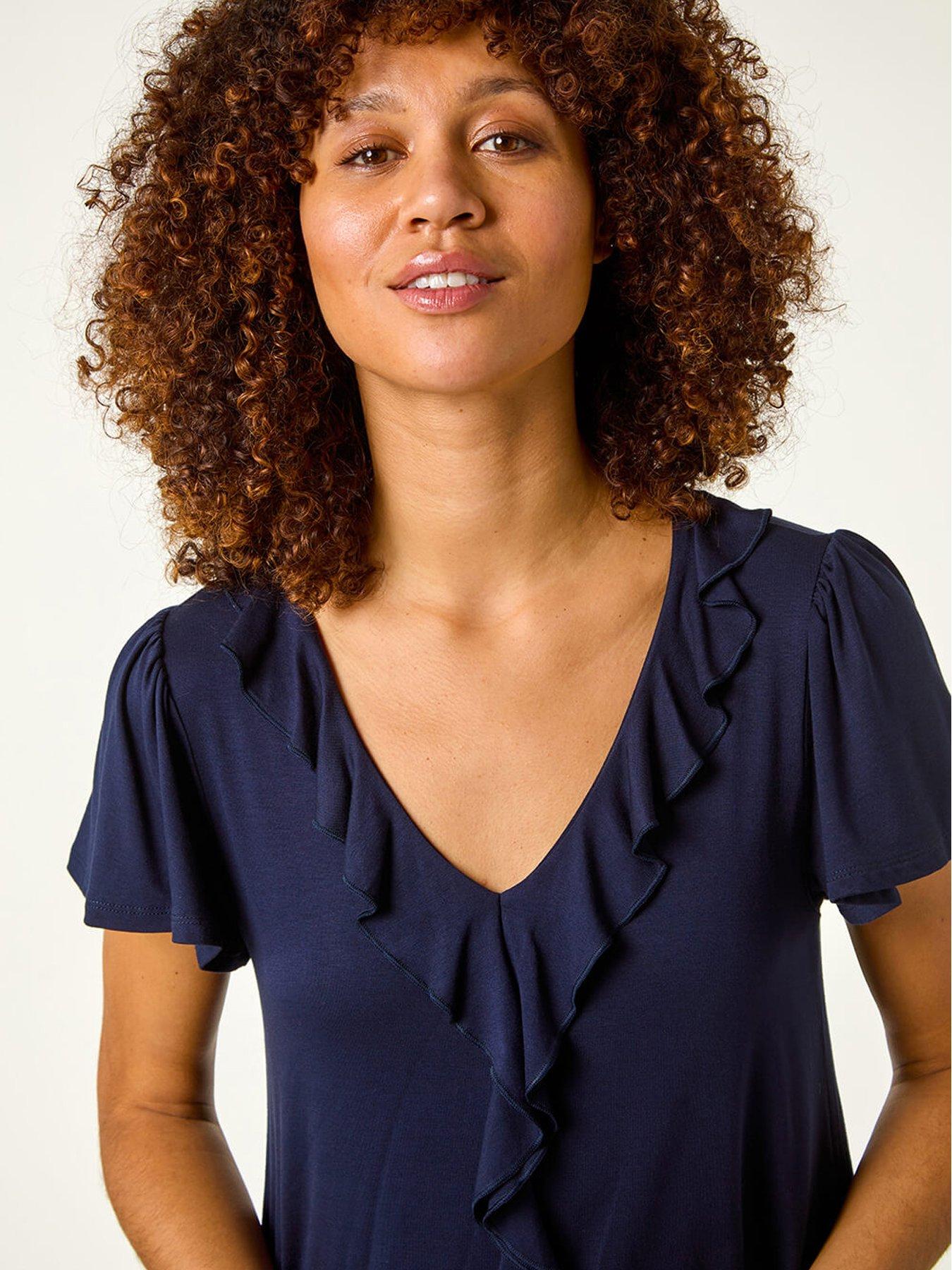 Image 4 of 5 of Roman Ruffle Front Stretch Top - Navy