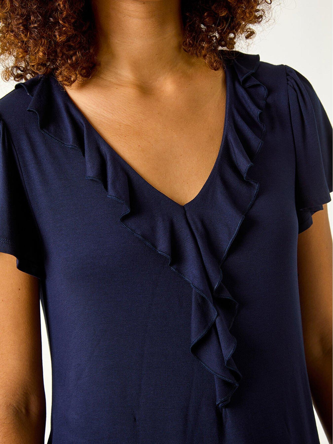 Image 5 of 5 of Roman Ruffle Front Stretch Top - Navy