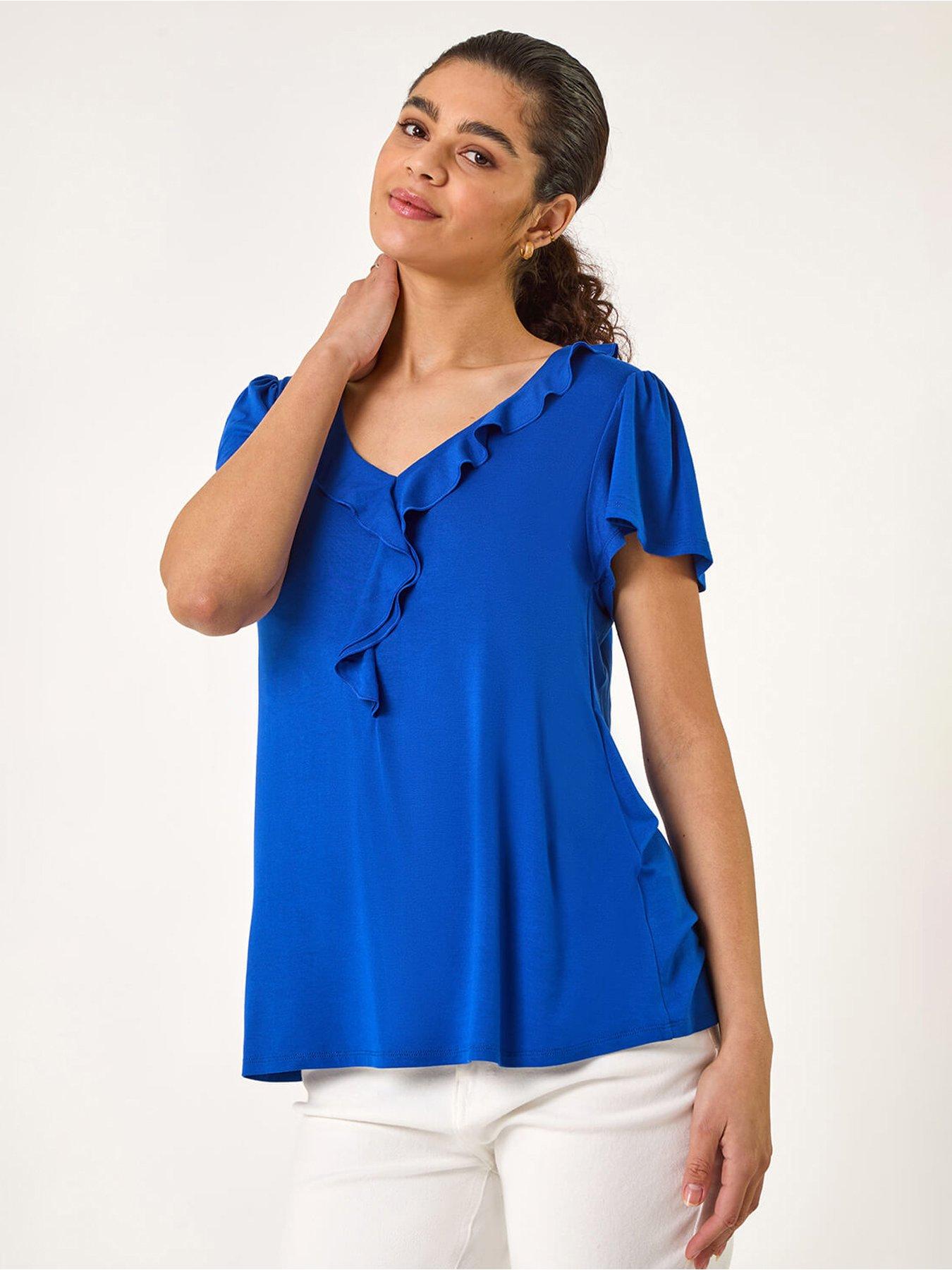 Image 1 of 5 of Roman Ruffle Front Stretch Top - Royal Blue