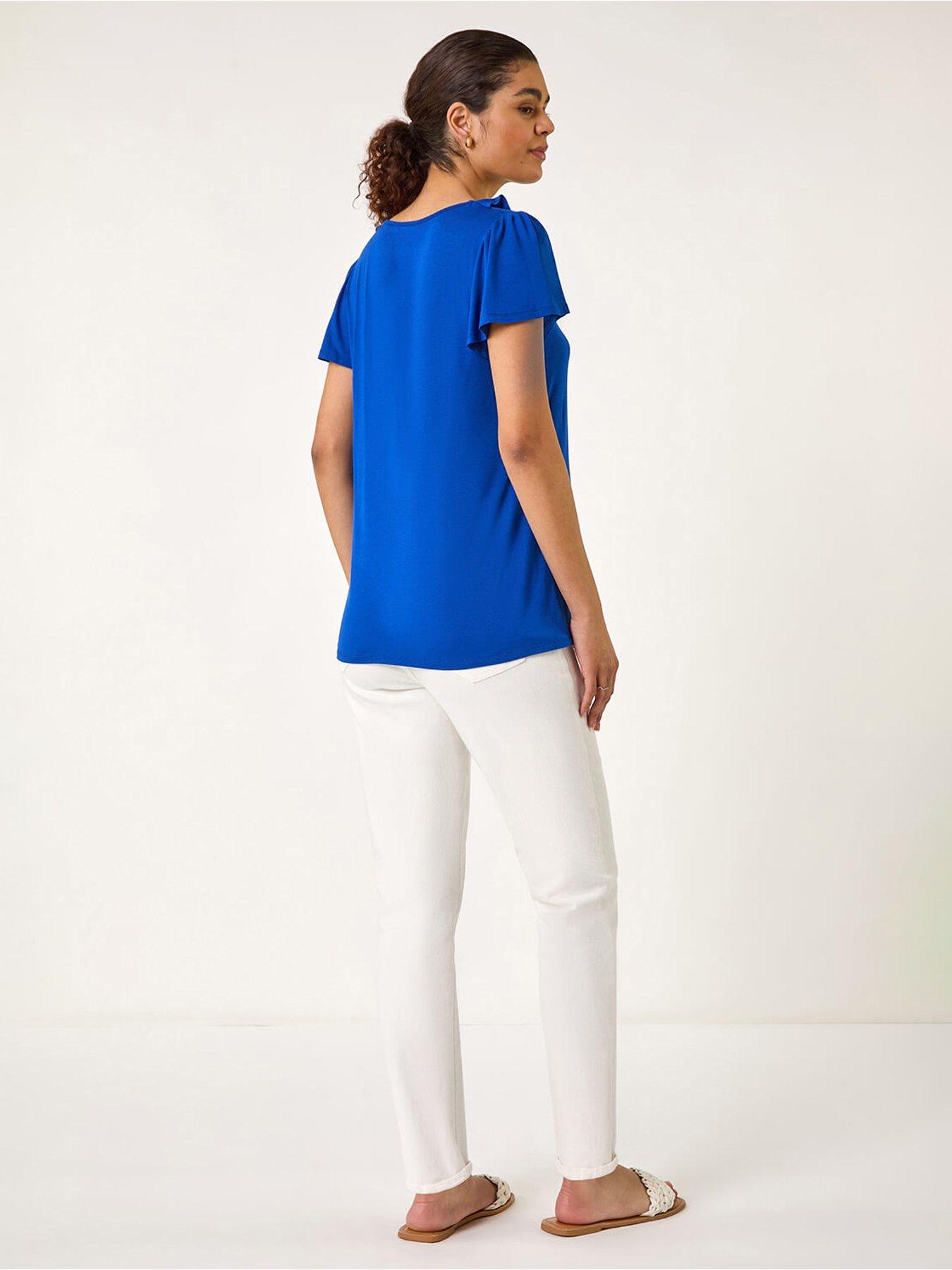 Image 2 of 5 of Roman Ruffle Front Stretch Top - Royal Blue