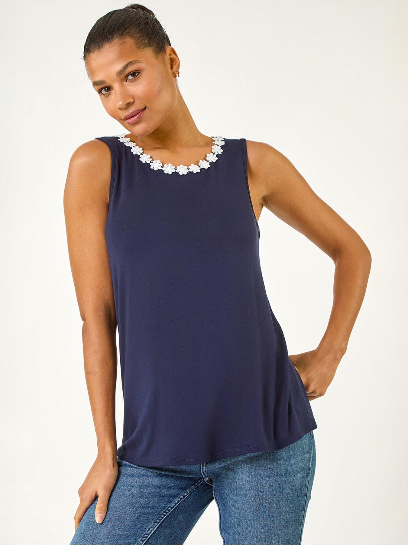 undefined Daisy Neck Trim Vest Top - Navy