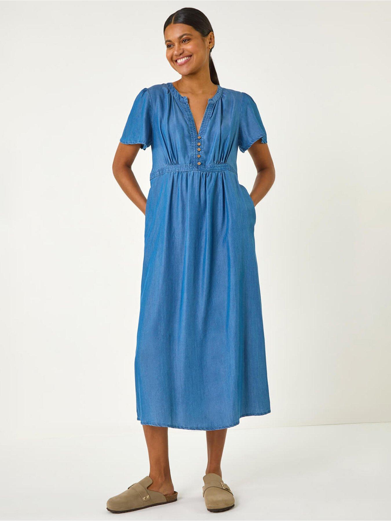 undefined Cotton Denim Midi Dress - Denim