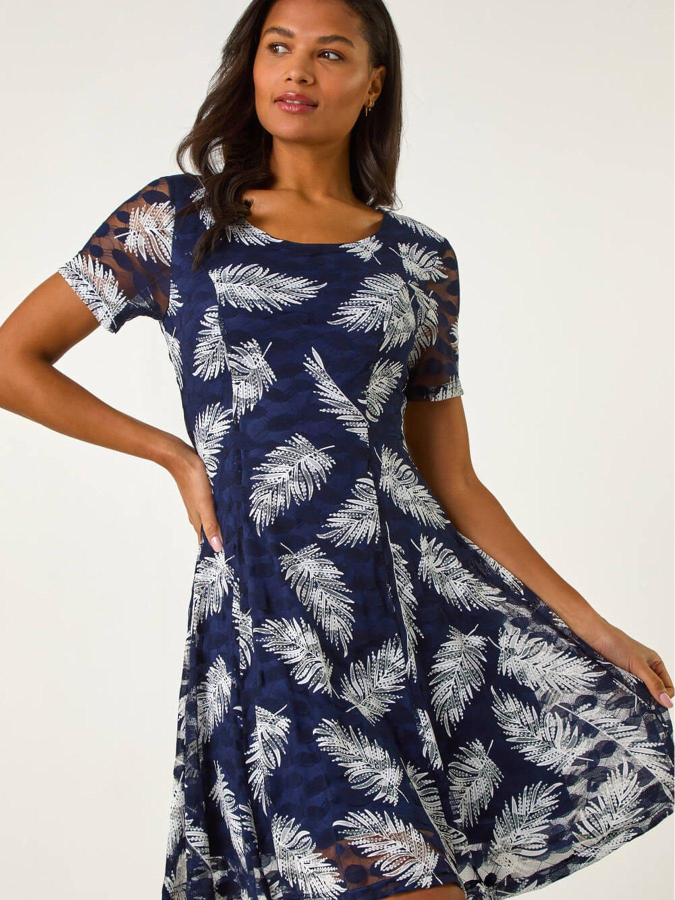 Roman Leaf Print Lace Stretch Dress, Navy, Size 12, Women