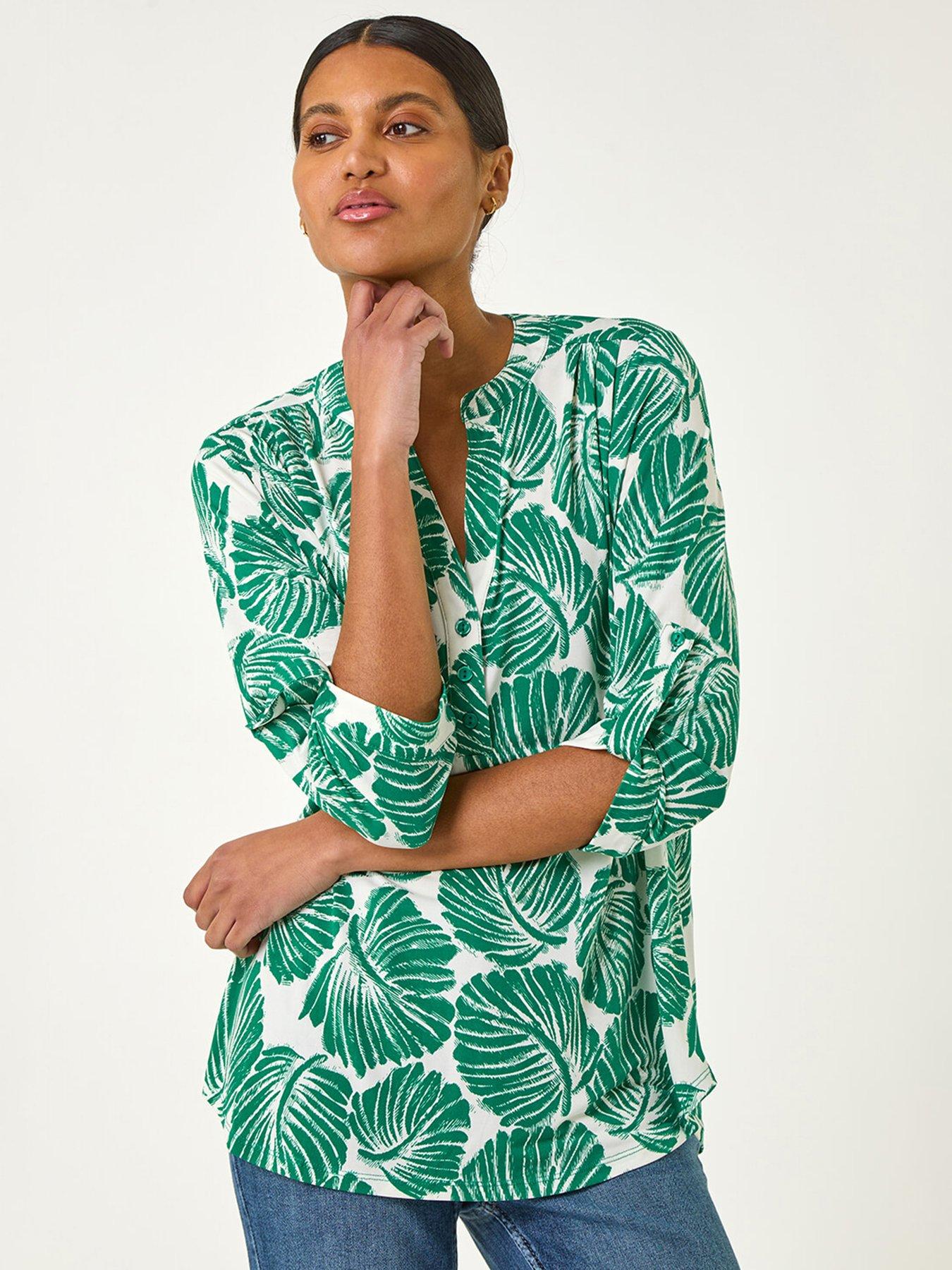 undefined Leaf Print Shoulder Pleat Shirt - Green