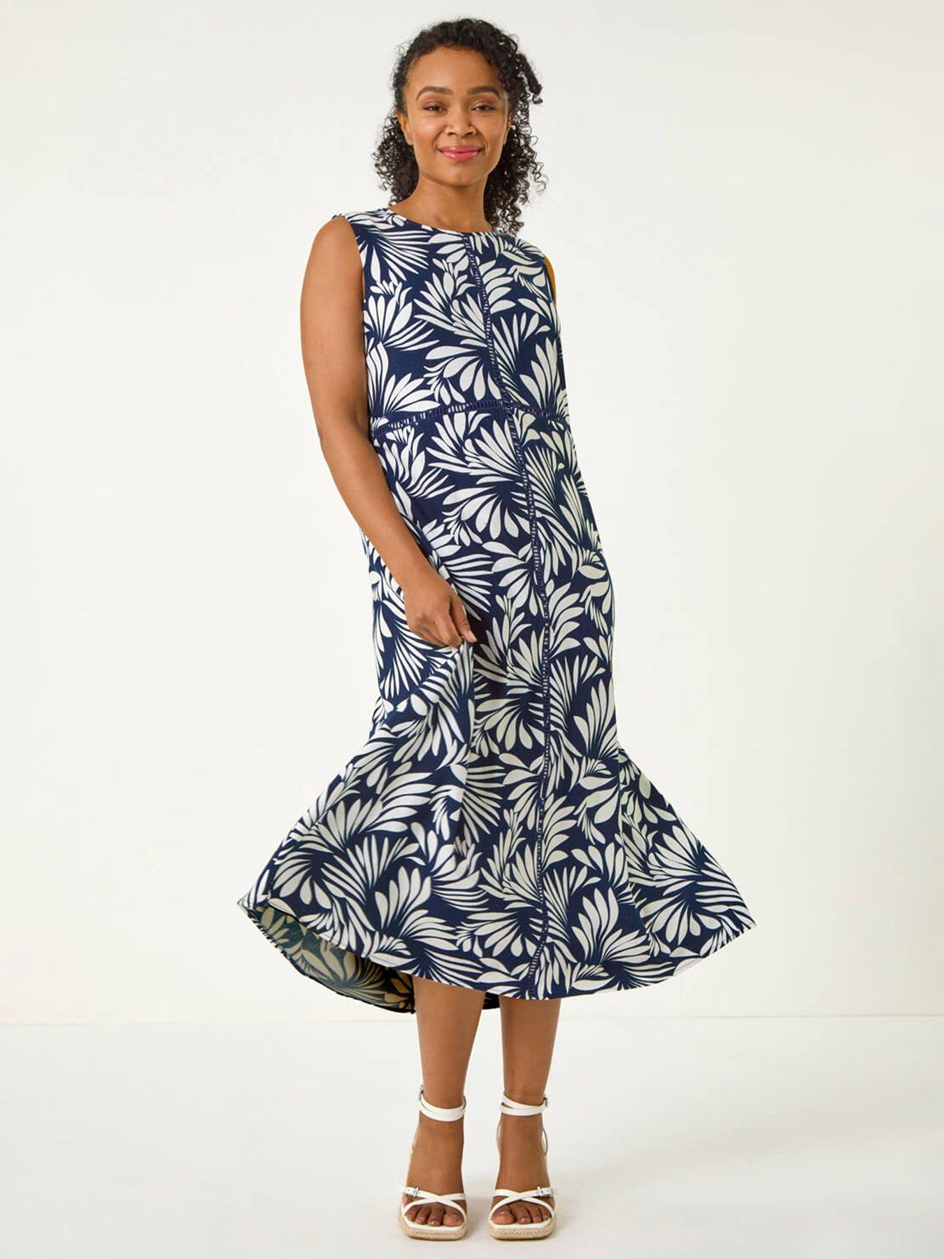 undefined Petite Tropical Trim Midi Dress - Navy