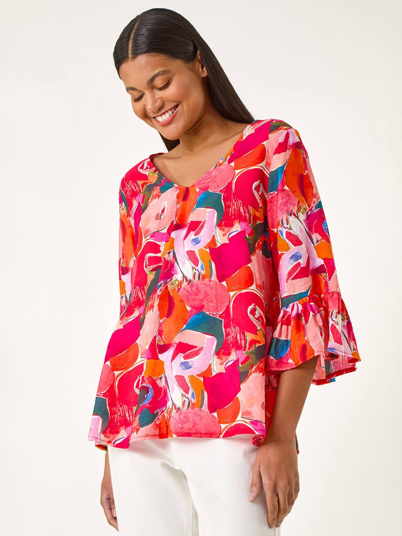 undefined Abstract Print Flare Sleeve Top - Red