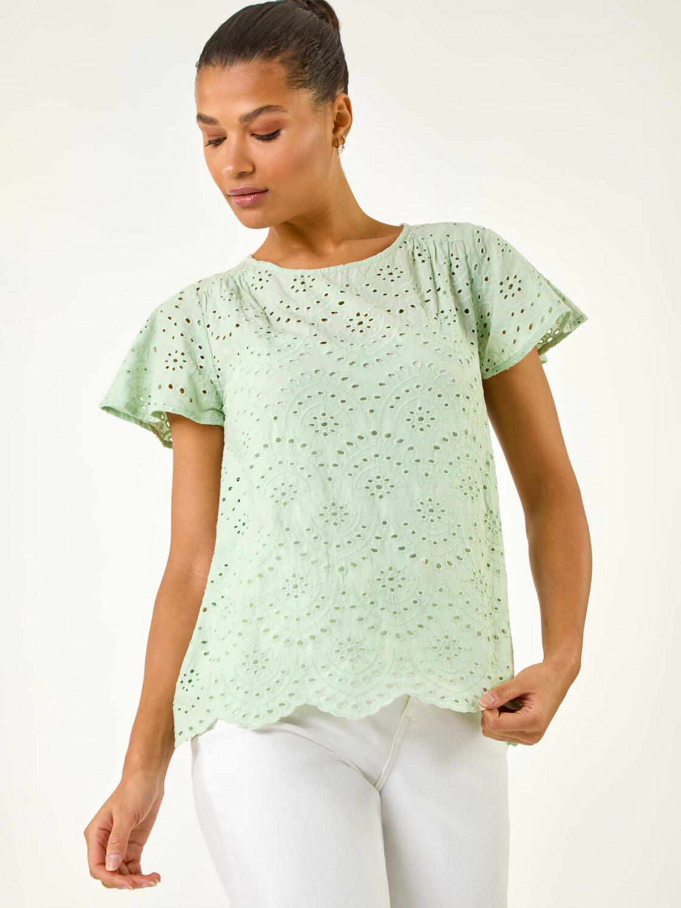 undefined Broderie Short Sleeve Top - Green