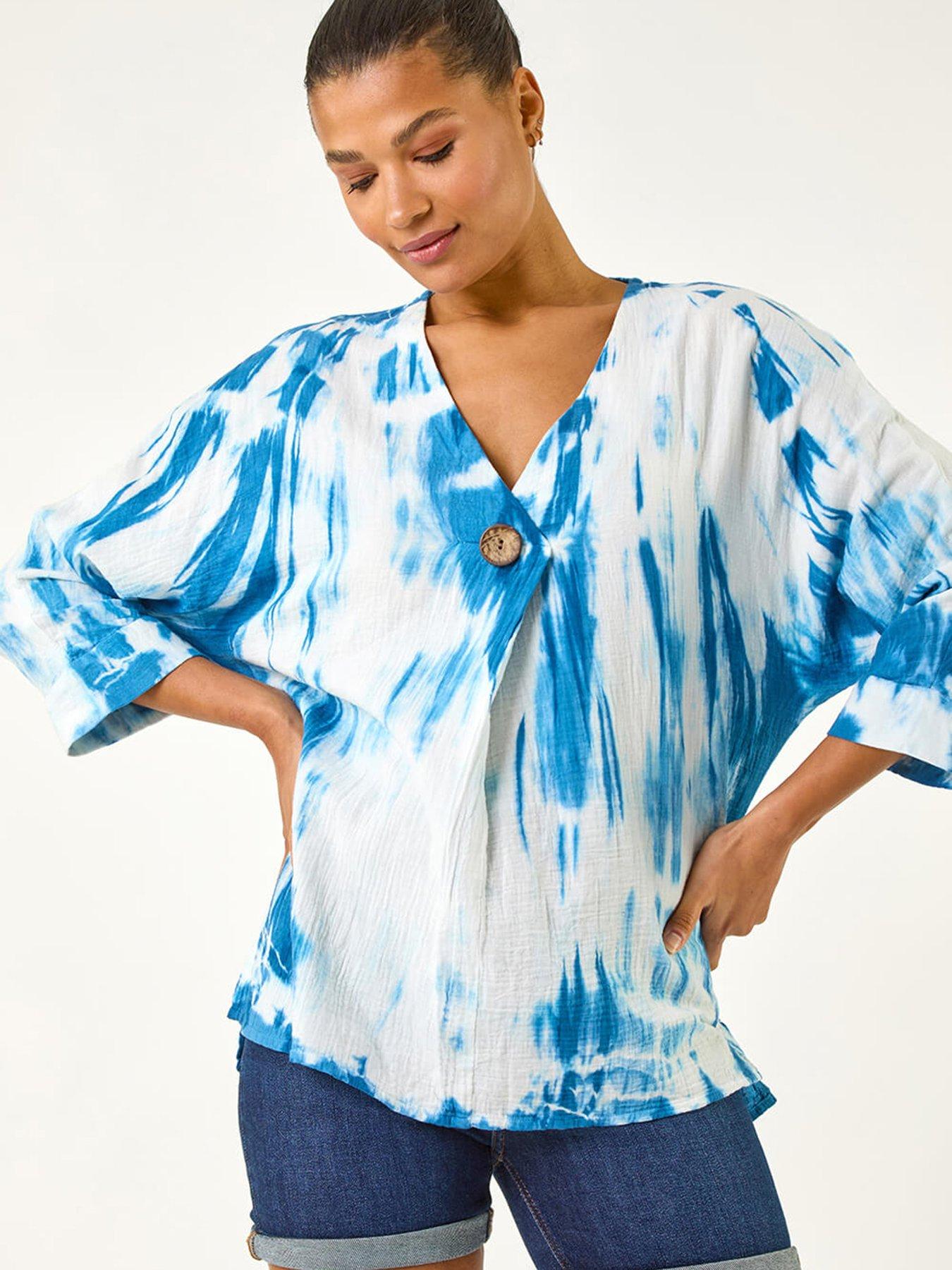 undefined Tie Dye Print V-neck Tunic Top - Blue