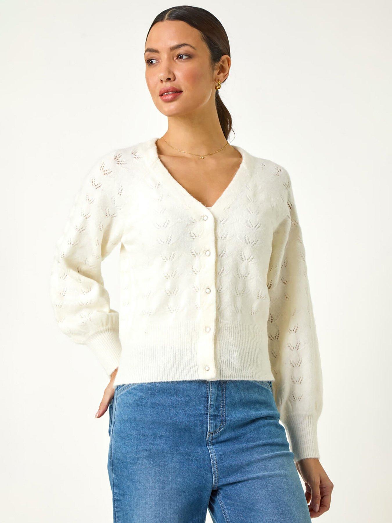 undefined Pointelle Detail Knit Cardigan - Ivory