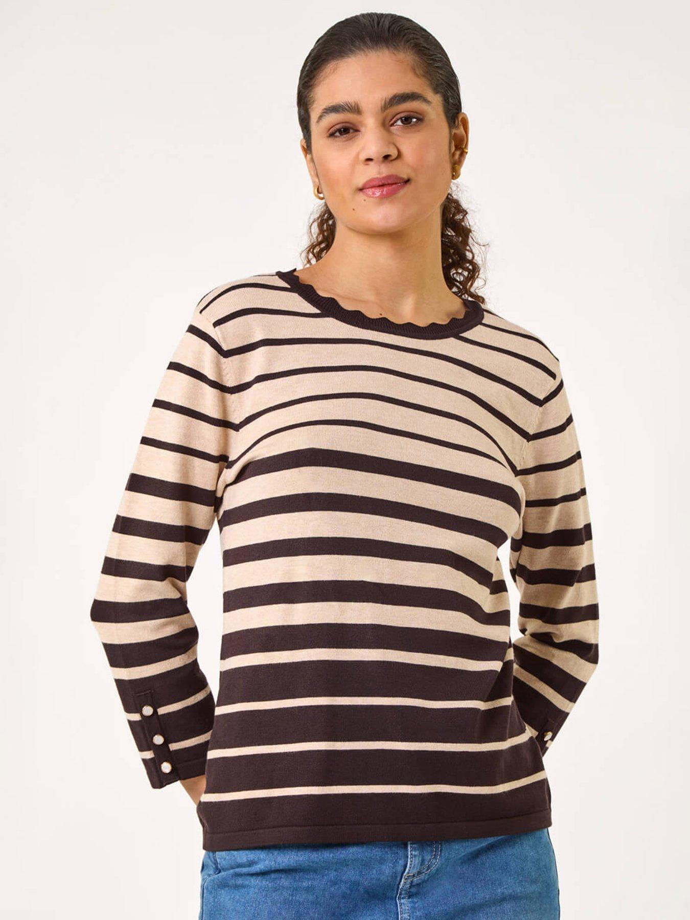 undefined Stripe Scallop Neck Knit Jumper - Chocolate