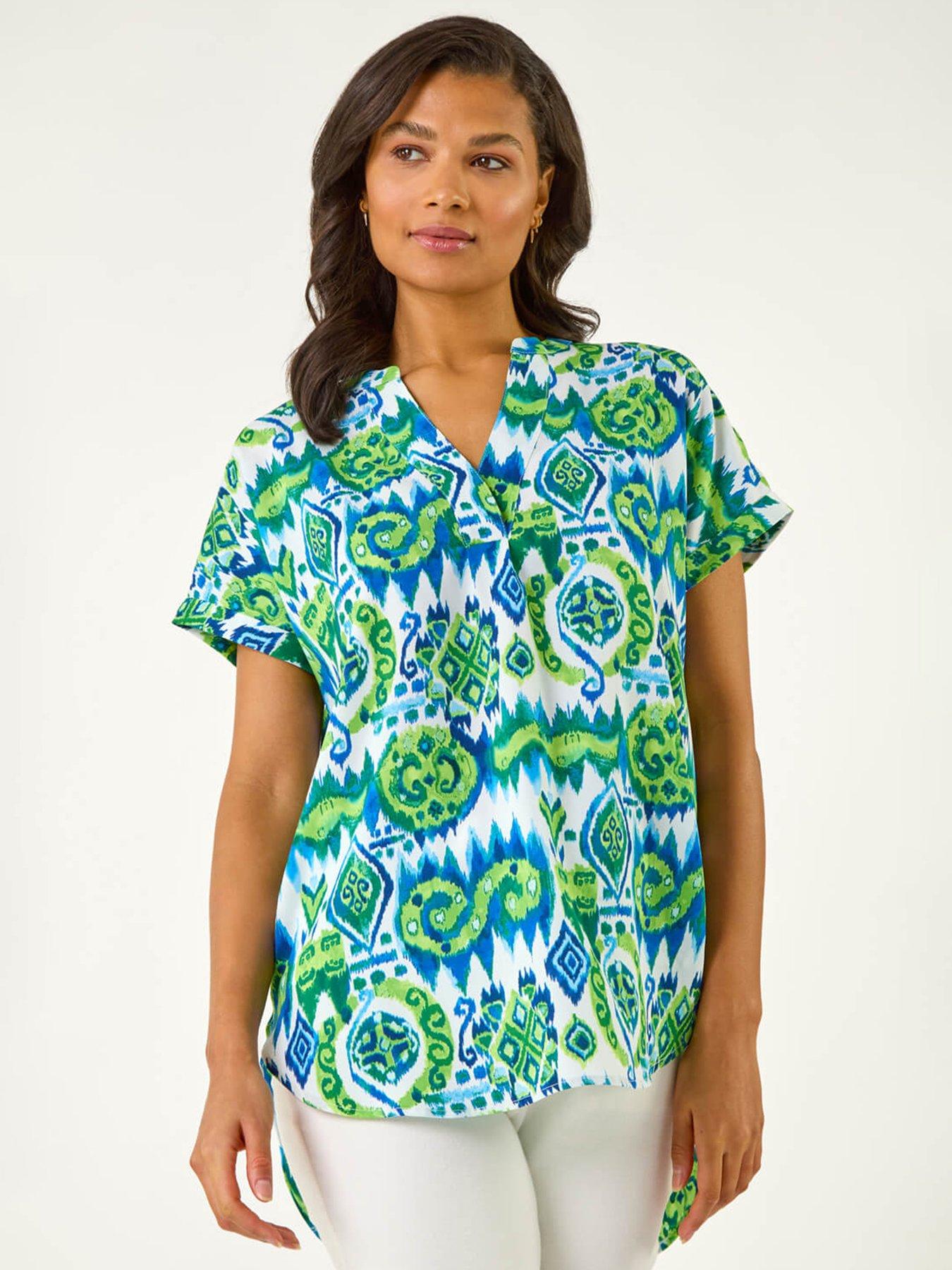 undefined Abstract Print V-neck Top - Blue