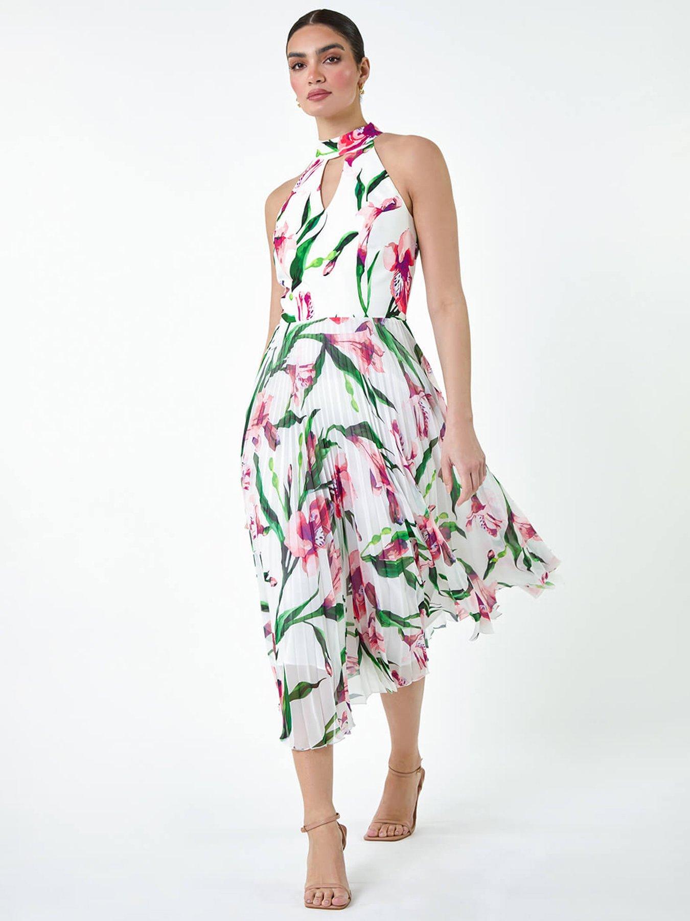 undefined Floral Print Pleated Midi Dress - Pink