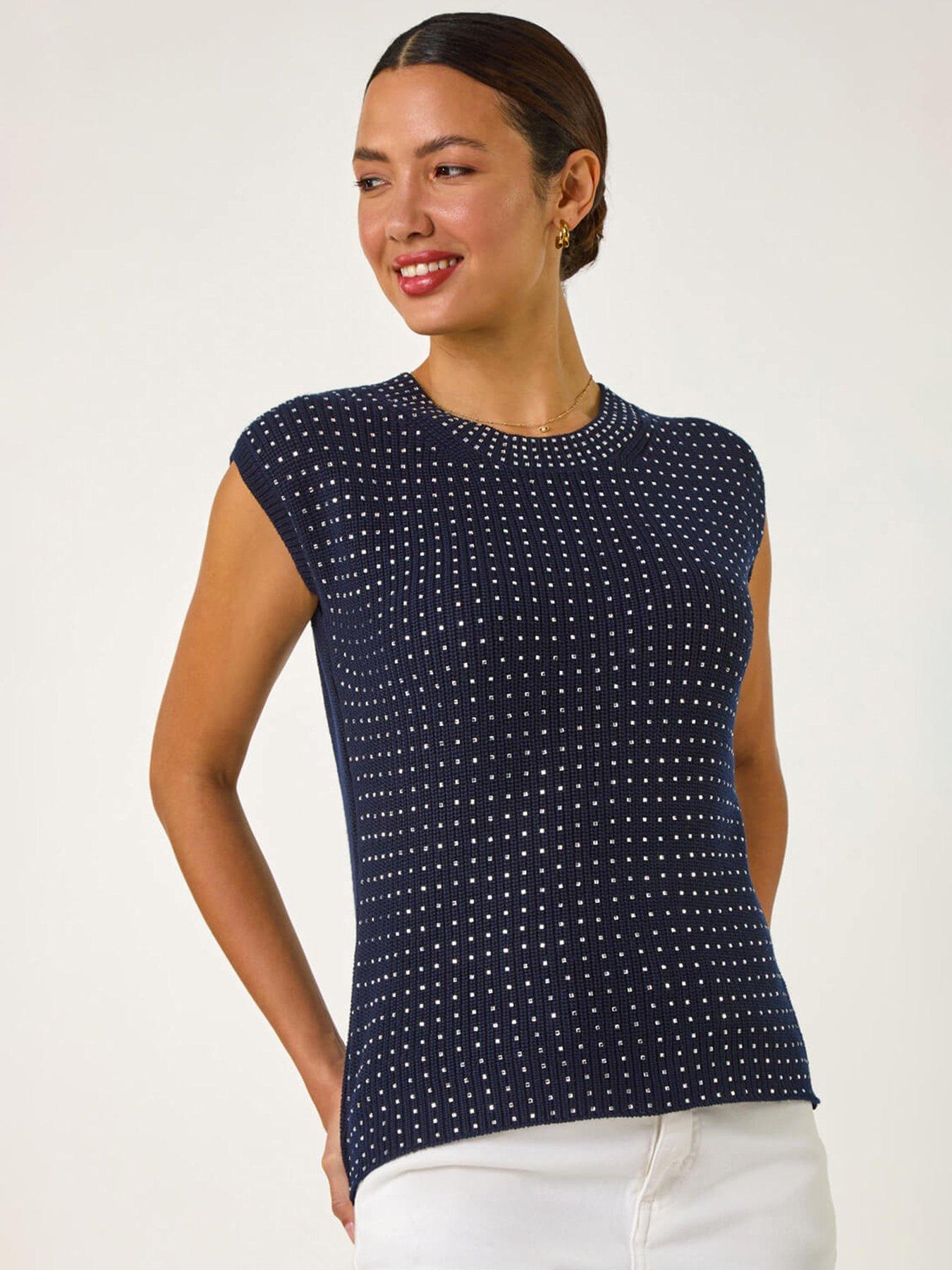 undefined Embellished Short Sleeve Knit Top - Navy