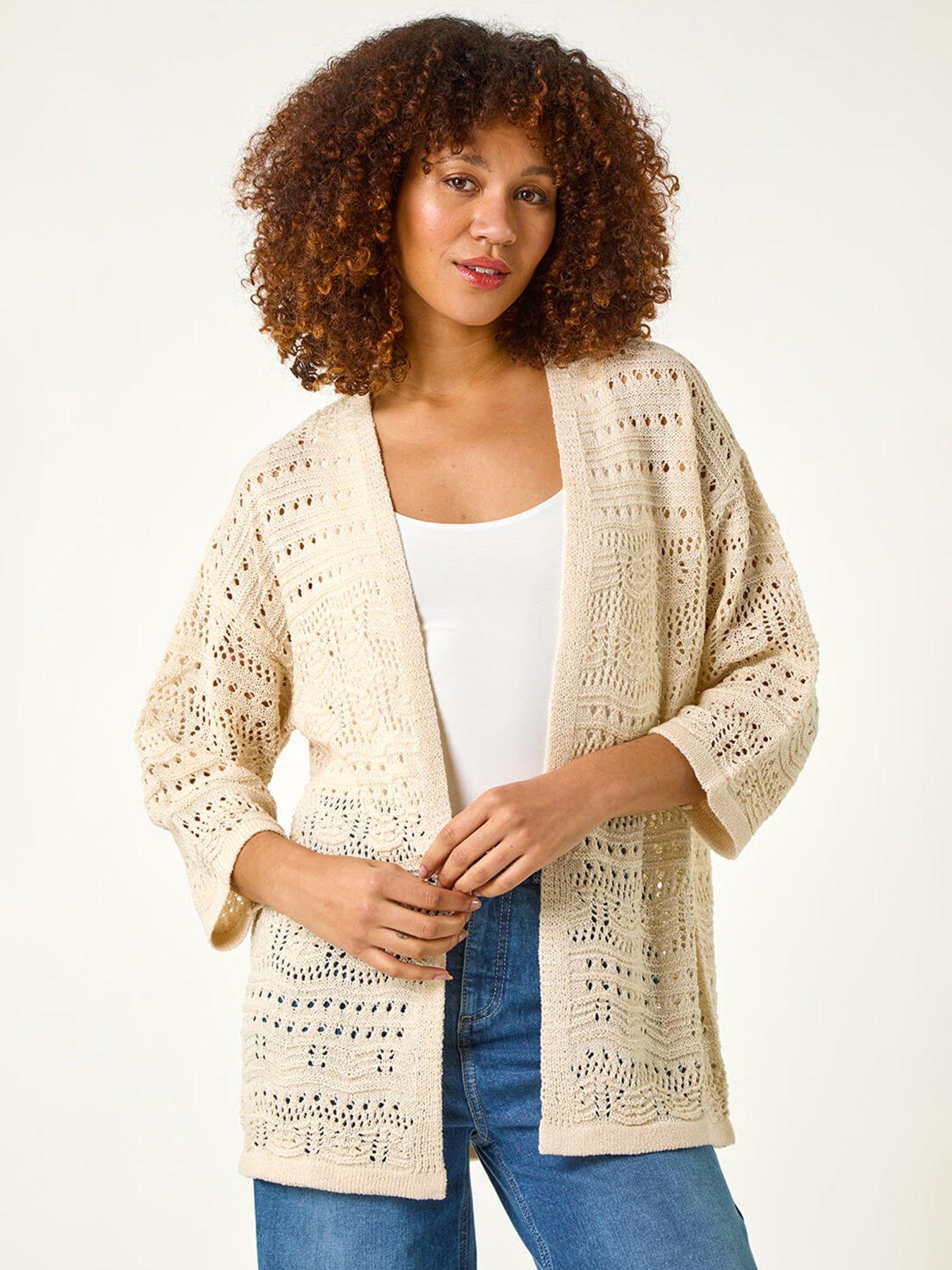 undefined 3/4 Sleeve Stitch Detail Cardigan - Natural