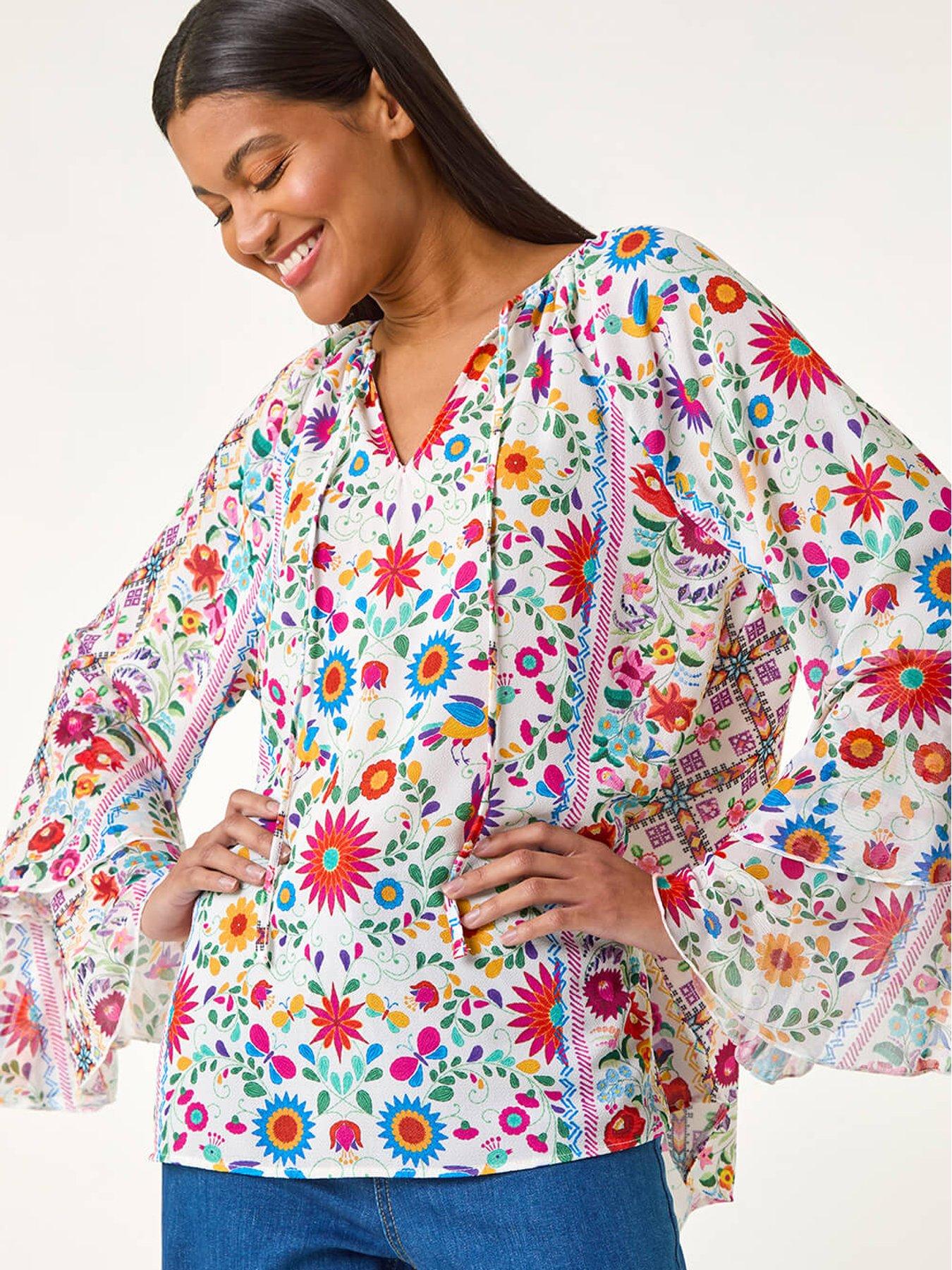 undefined Tie Front Floral Print Top - Pink