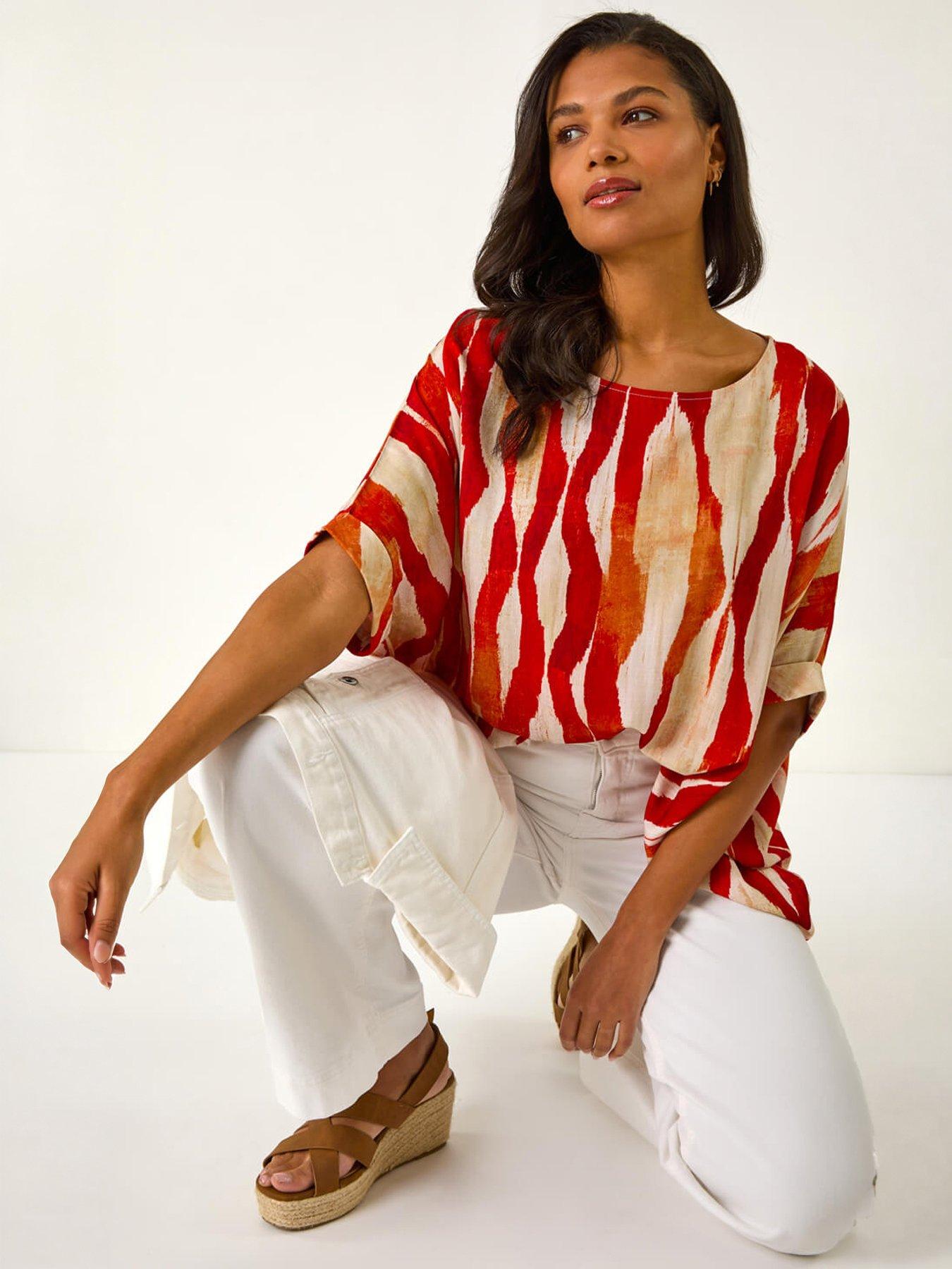 Roman Abstract Buttoned Top, Red, Size 16, Women