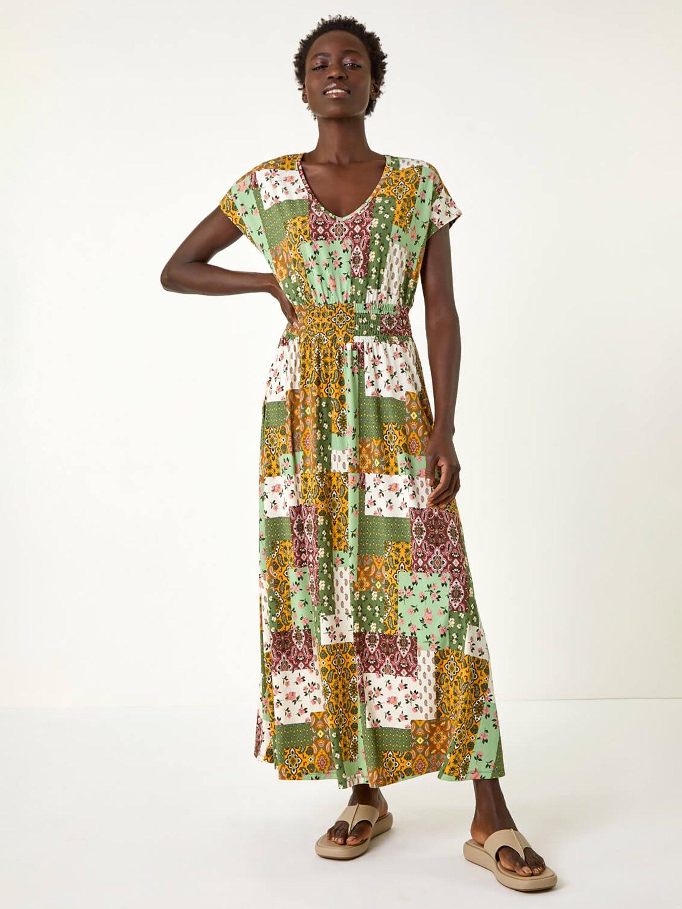 undefined Patchwork Shirred Maxi Dress - Khaki