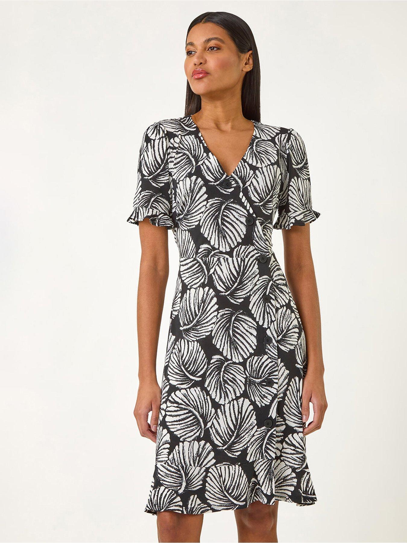 undefined Leaf Print Side Button Dress - Ivory