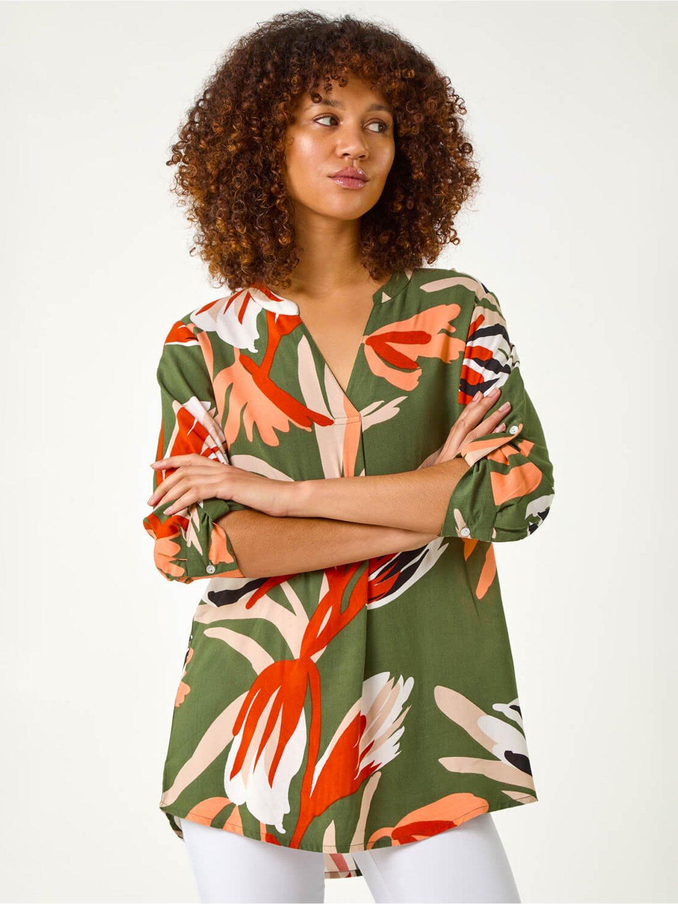undefined Abstract Print Pleat Detail Top - Khaki
