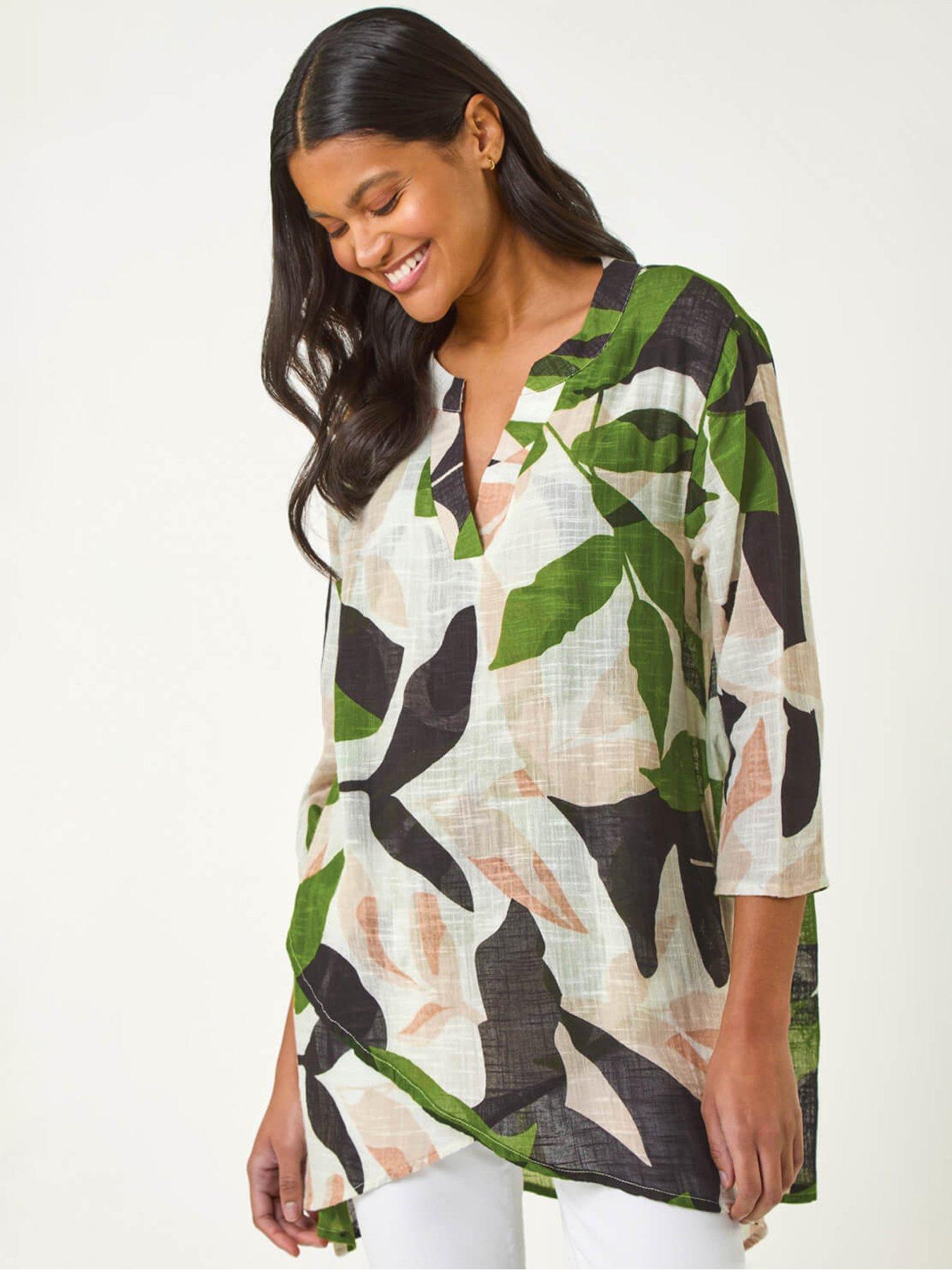 undefined Leaf Print Wrap Front Tunic Top - Green