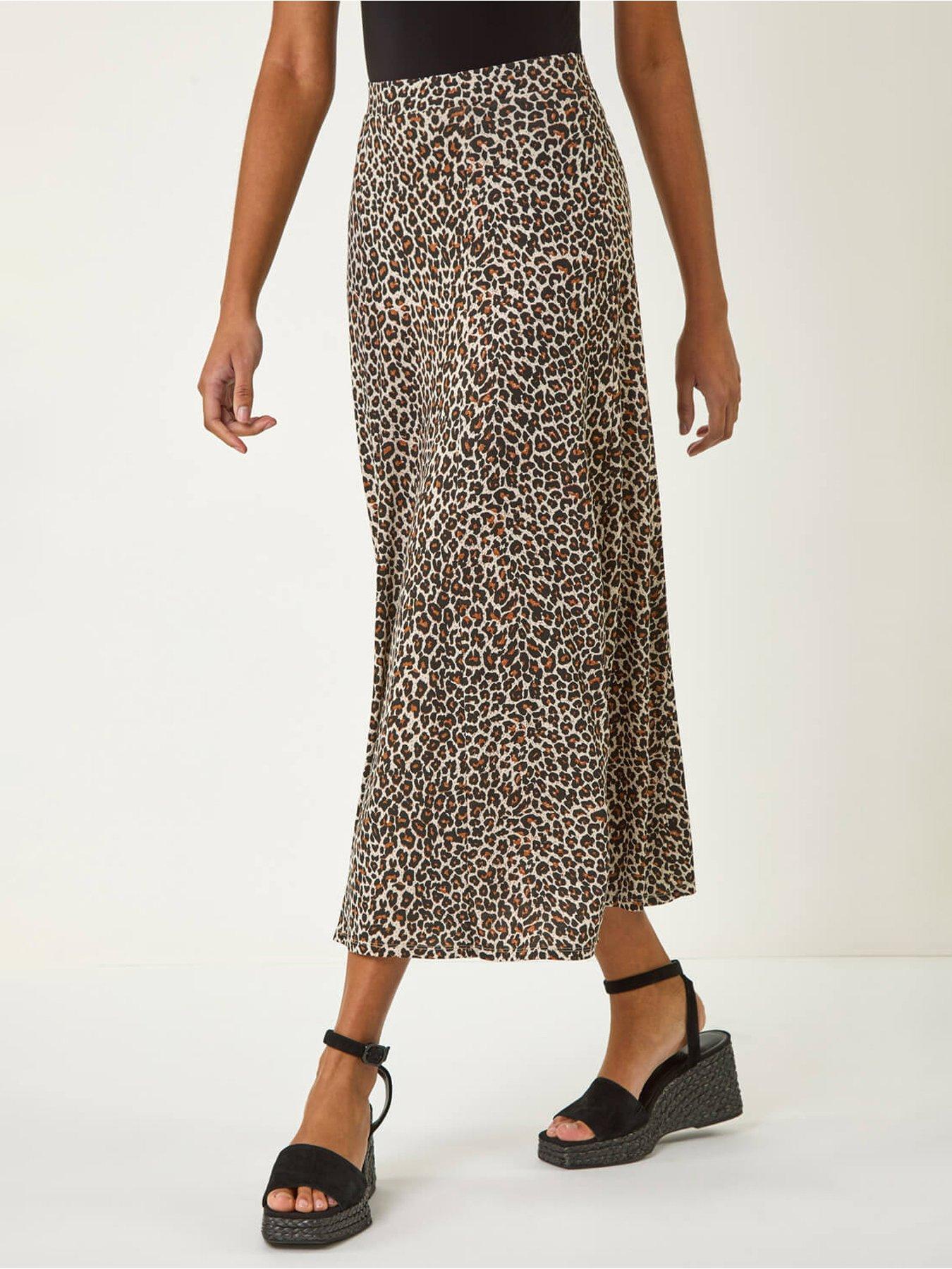 undefined Animal Print Stretch Midi Skirt - Beige