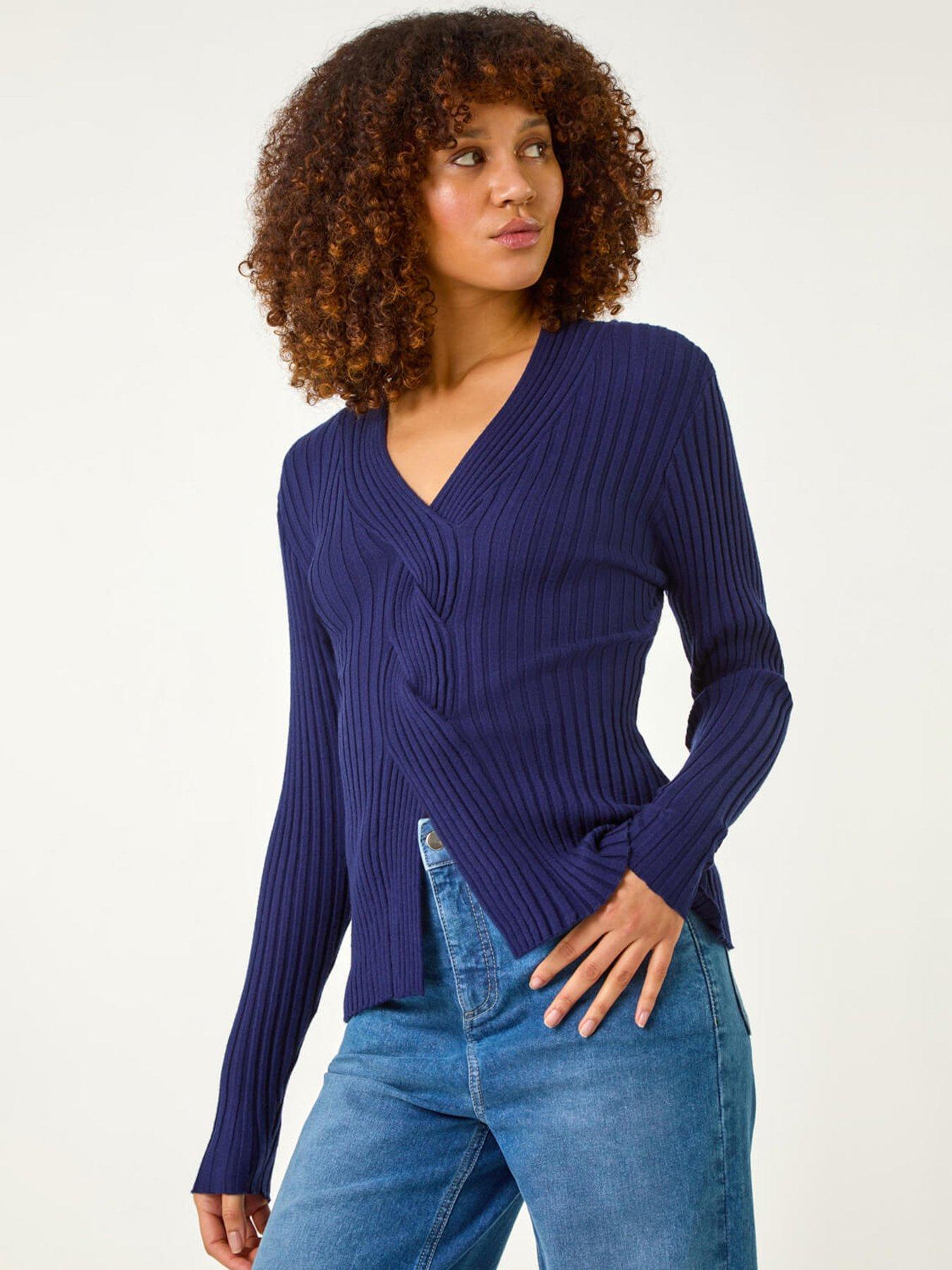Image of Roman V-neck Cable Ribbed Knit Jumper - Navy