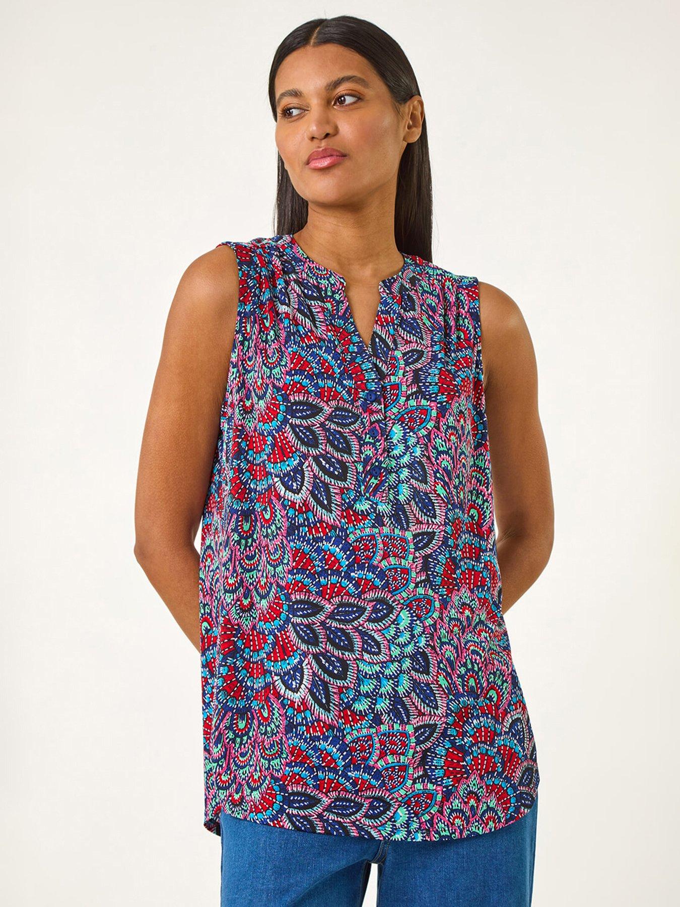 Roman Abstract Print Stretch Vest Top - Blue