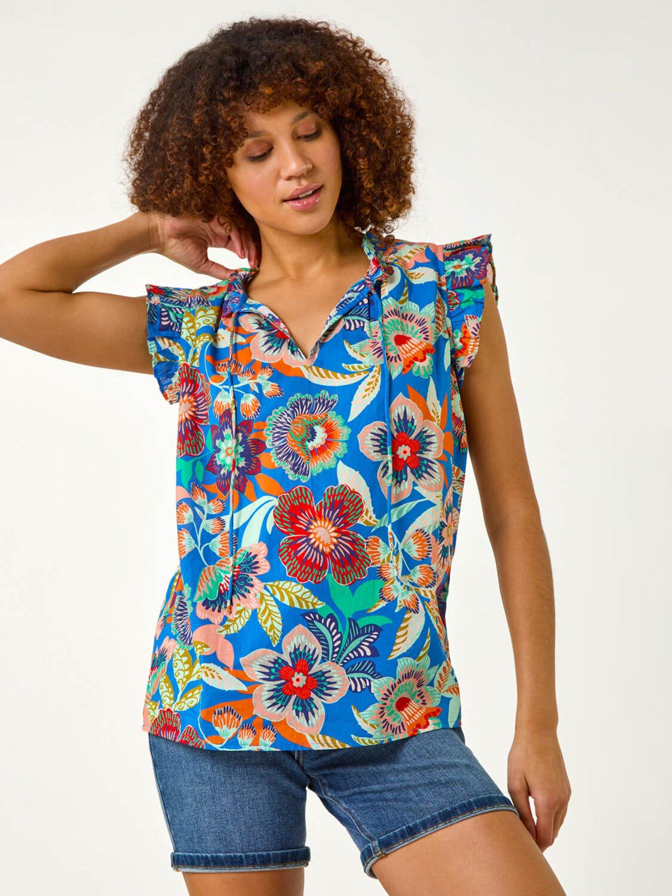 Image 1 of 5 of Roman Mono Printed Frill Sleeve Top - Blue