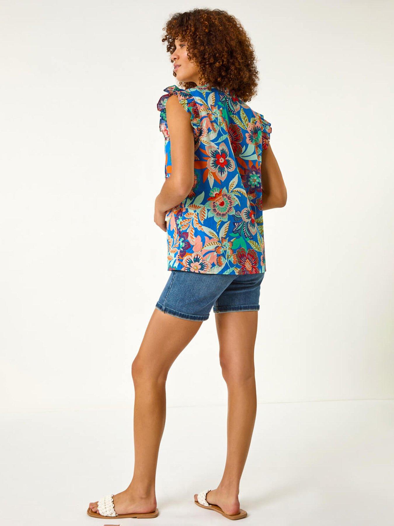 Image 2 of 5 of Roman Mono Printed Frill Sleeve Top - Blue