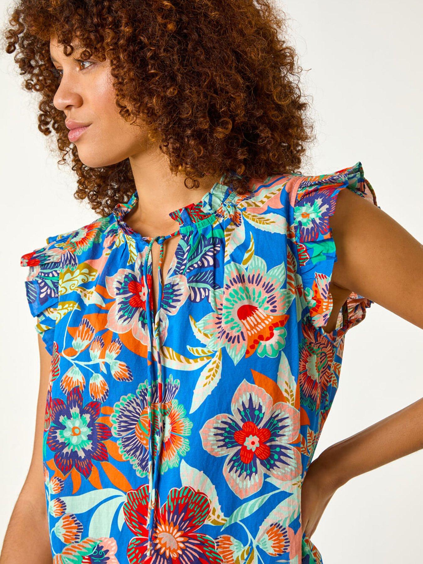 Image 4 of 5 of Roman Mono Printed Frill Sleeve Top - Blue