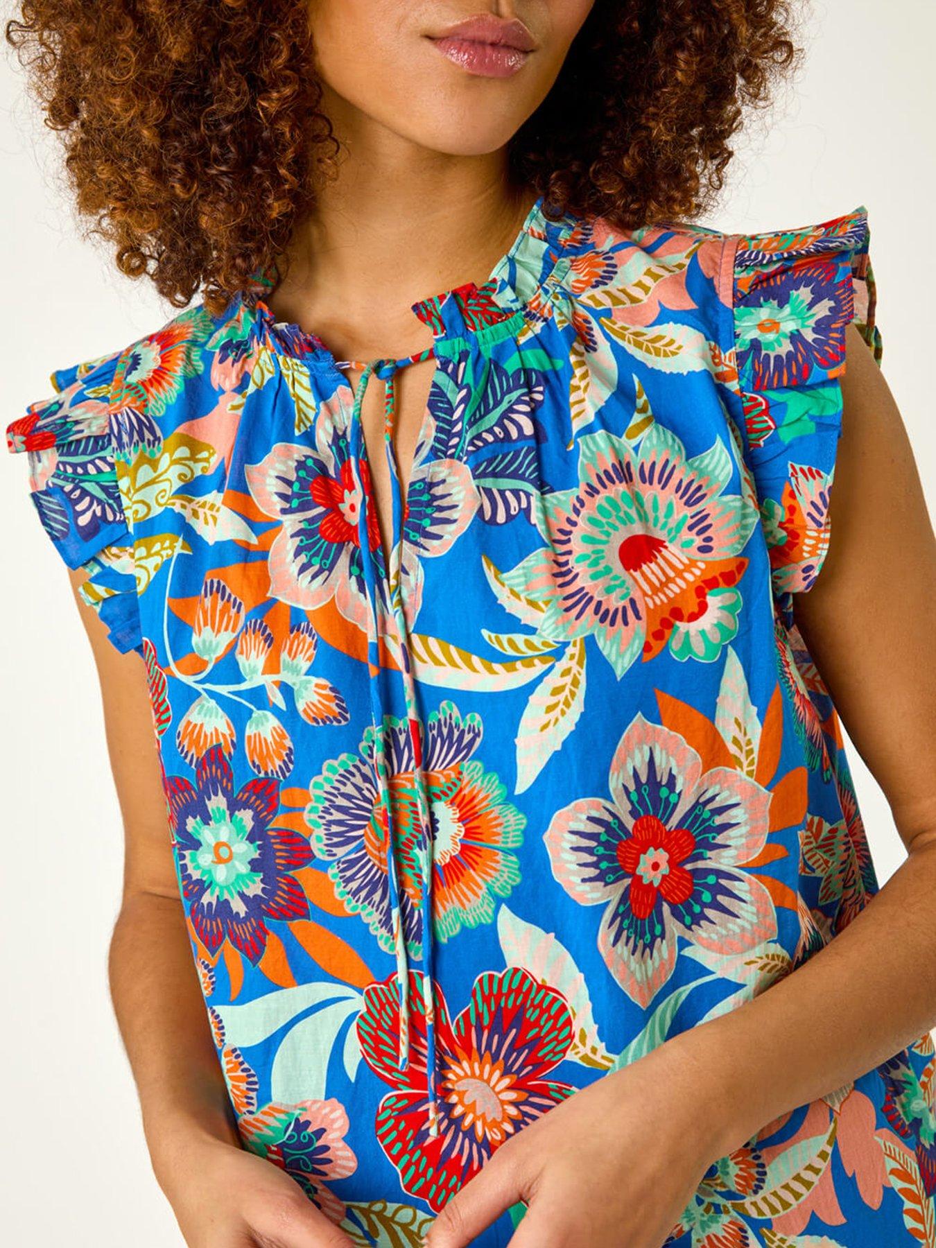 Image 5 of 5 of Roman Mono Printed Frill Sleeve Top - Blue