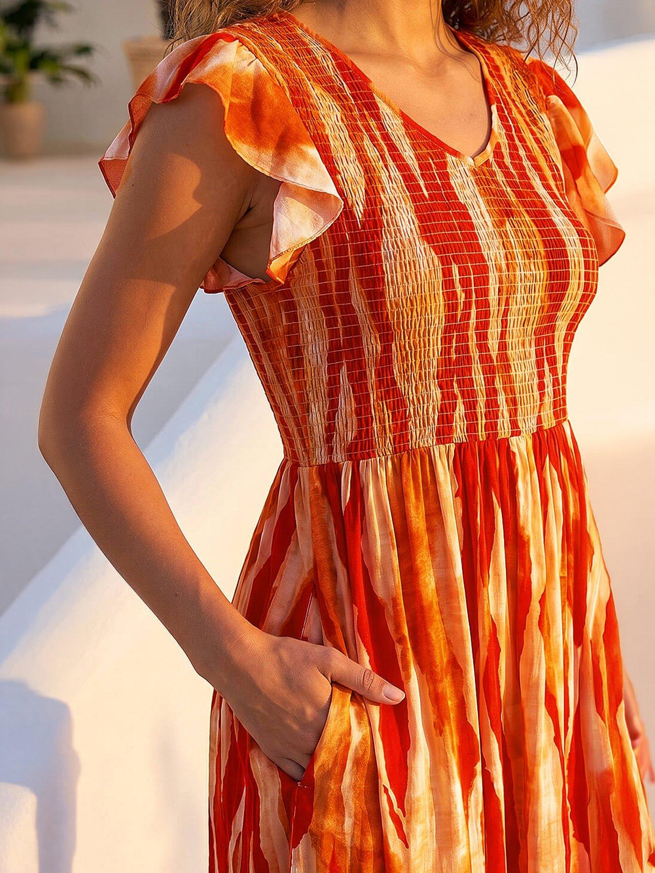 knee length dresses for ladies Linen Shirred Mini Dress in Poppy Red