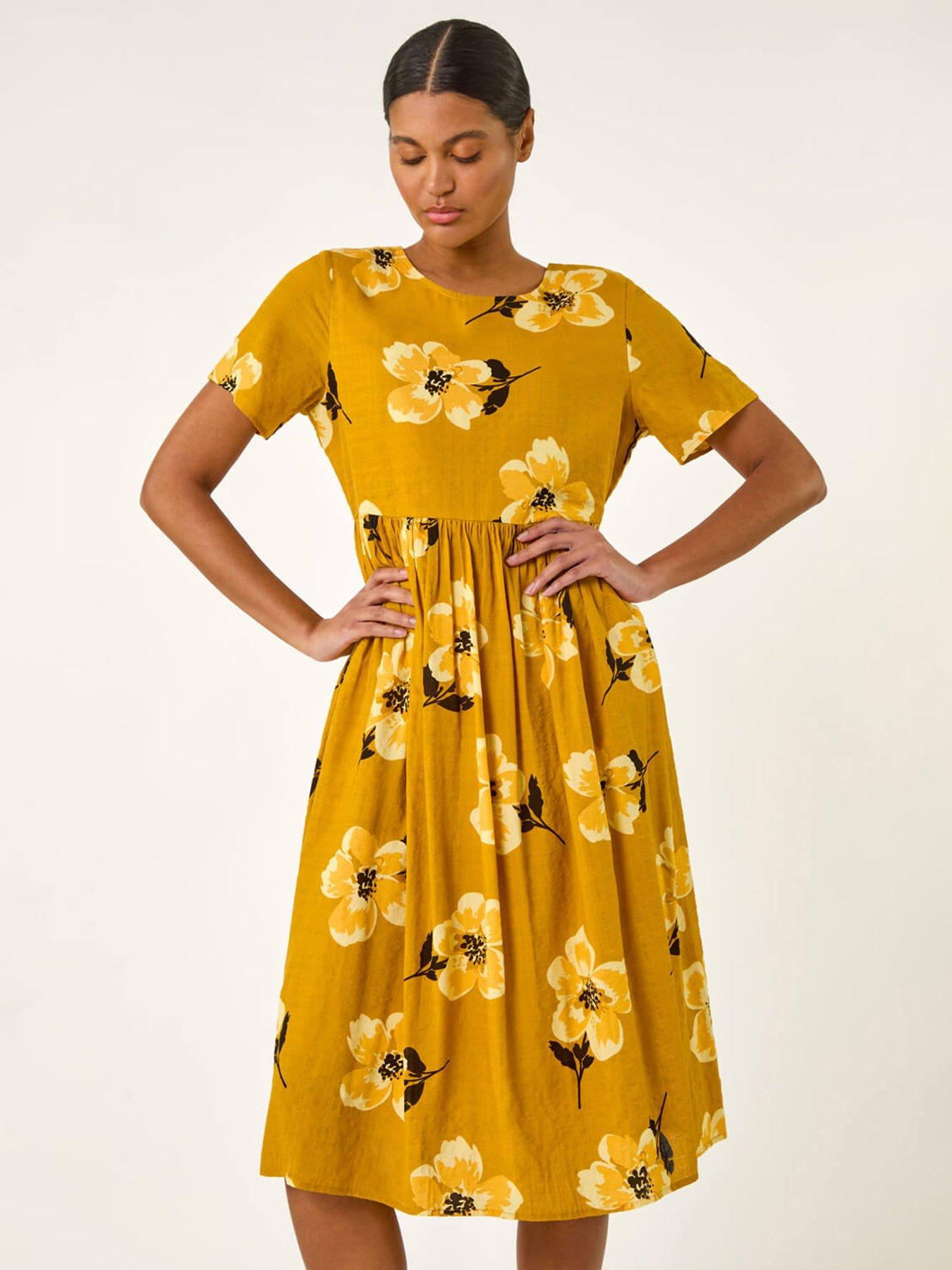 undefined Floral Print Smock Midi Dress - Yellow