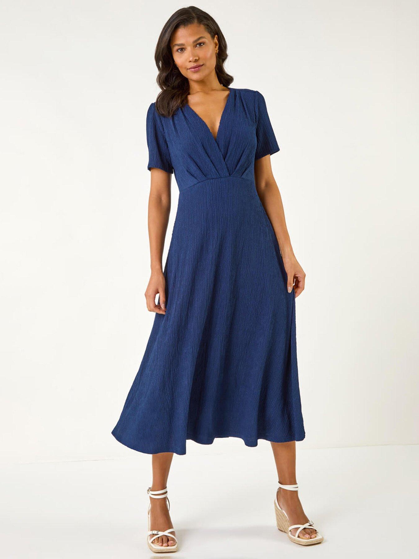 undefined Textured Wrap Bodice Midi Dress - Navy