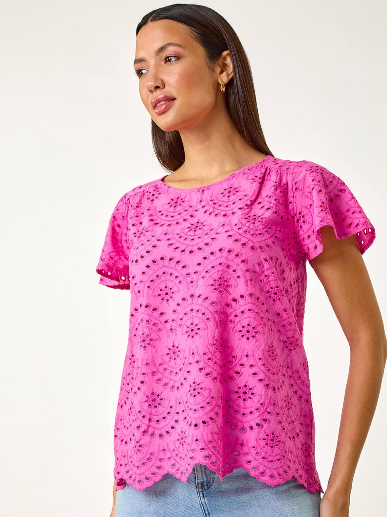 undefined Broderie Short Sleeve Top - Pink