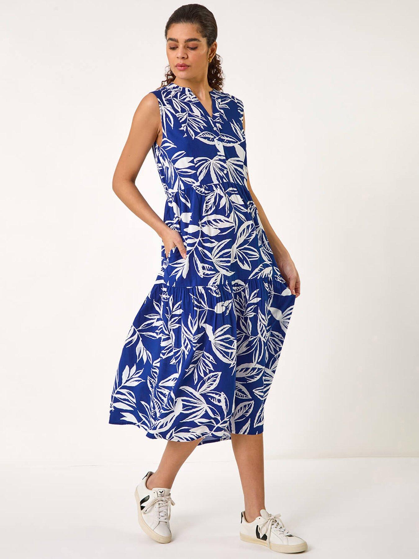 undefined Leaf Print Tie Midi Dress - Blue