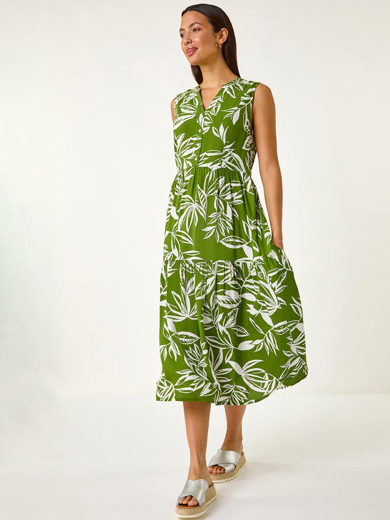 undefined Leaf Print Tie Midi Dress - Green