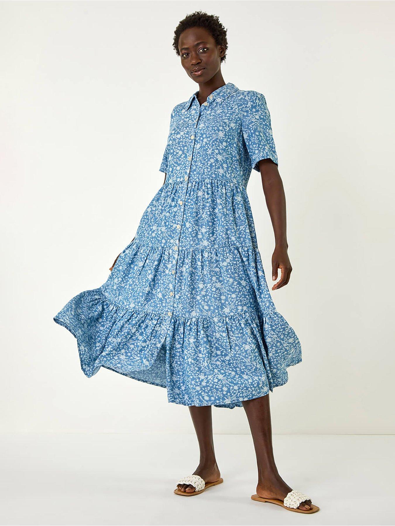 denim midi smock dress Roman Floral Print Denim Smock Dress - Denim