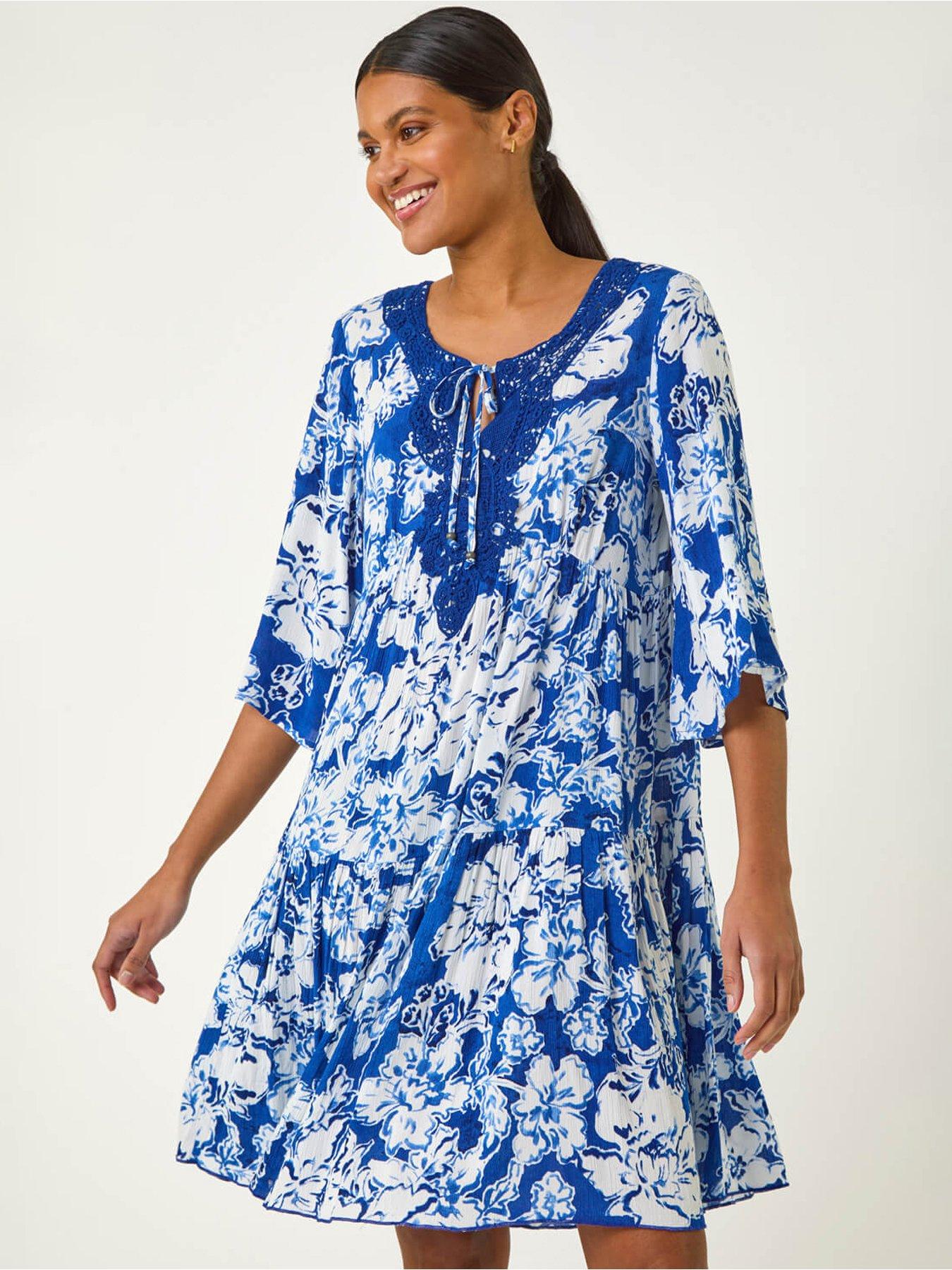 undefined Shadow Floral Lace Smock Dress - Blue