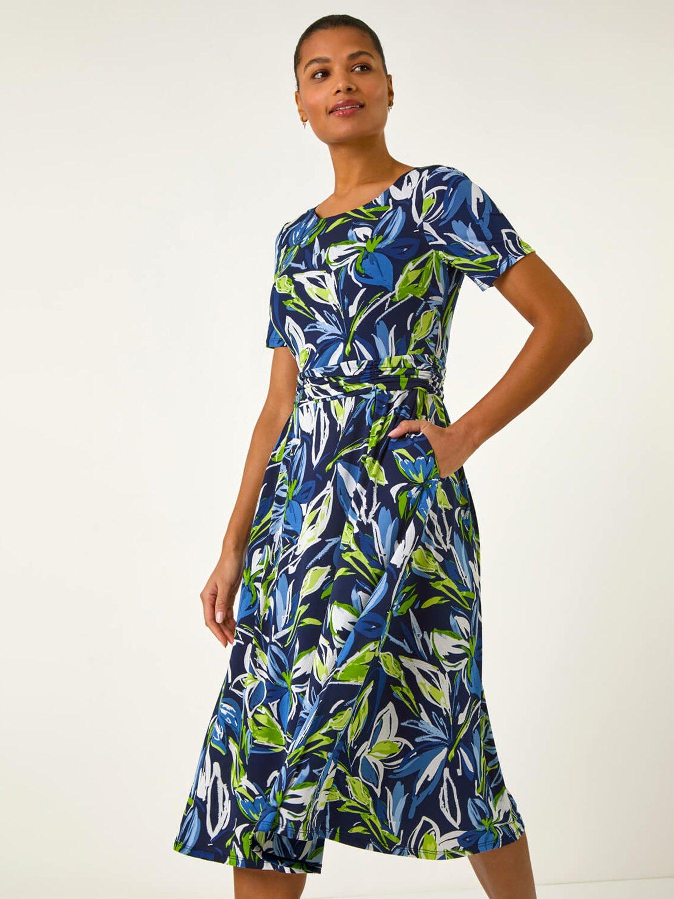 undefined Leaf Print Gathered Midi Dress - Blue