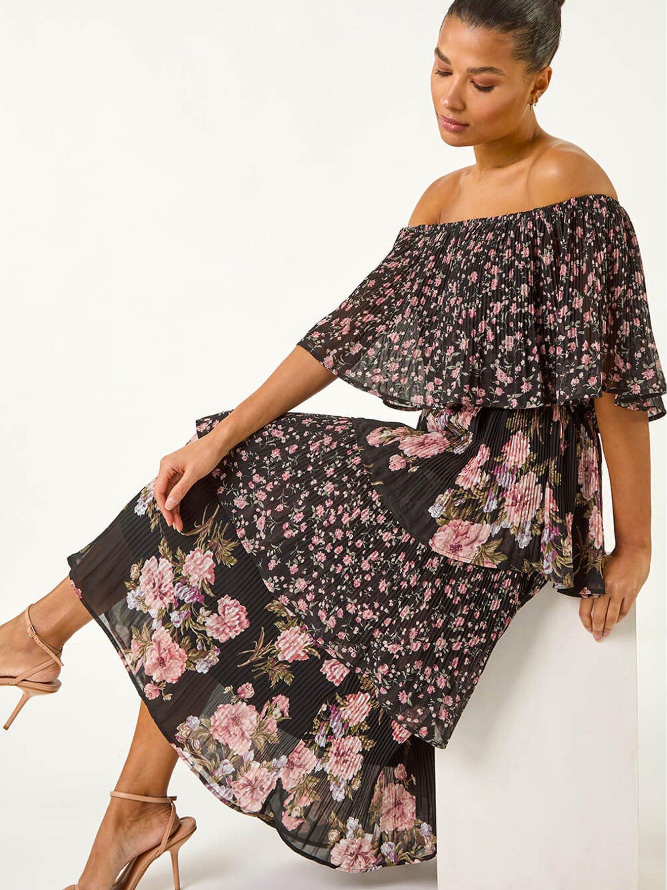 bardot ditsy ruched midi dress Roman Bardot Ditsy Floral Midi Dress - Black