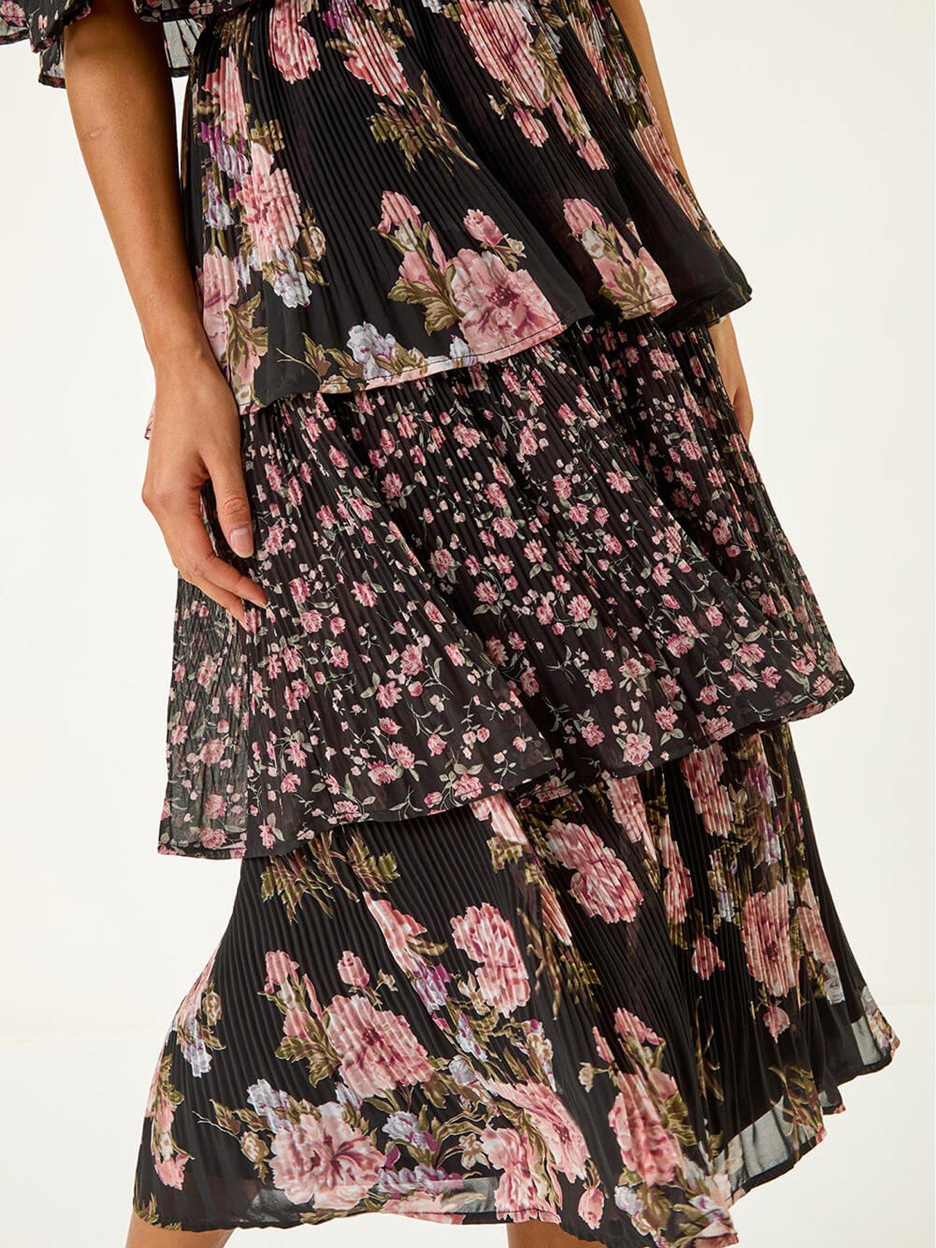 bardot ditsy ruched midi dress Roman Bardot Ditsy Floral Midi Dress - Black