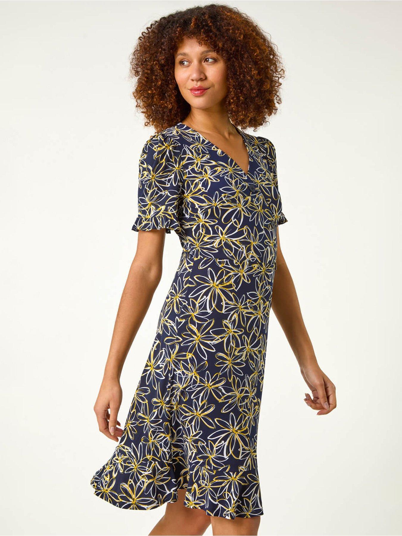 Image 1 of 5 of Roman Floral Print Side Button Dress - Yellow