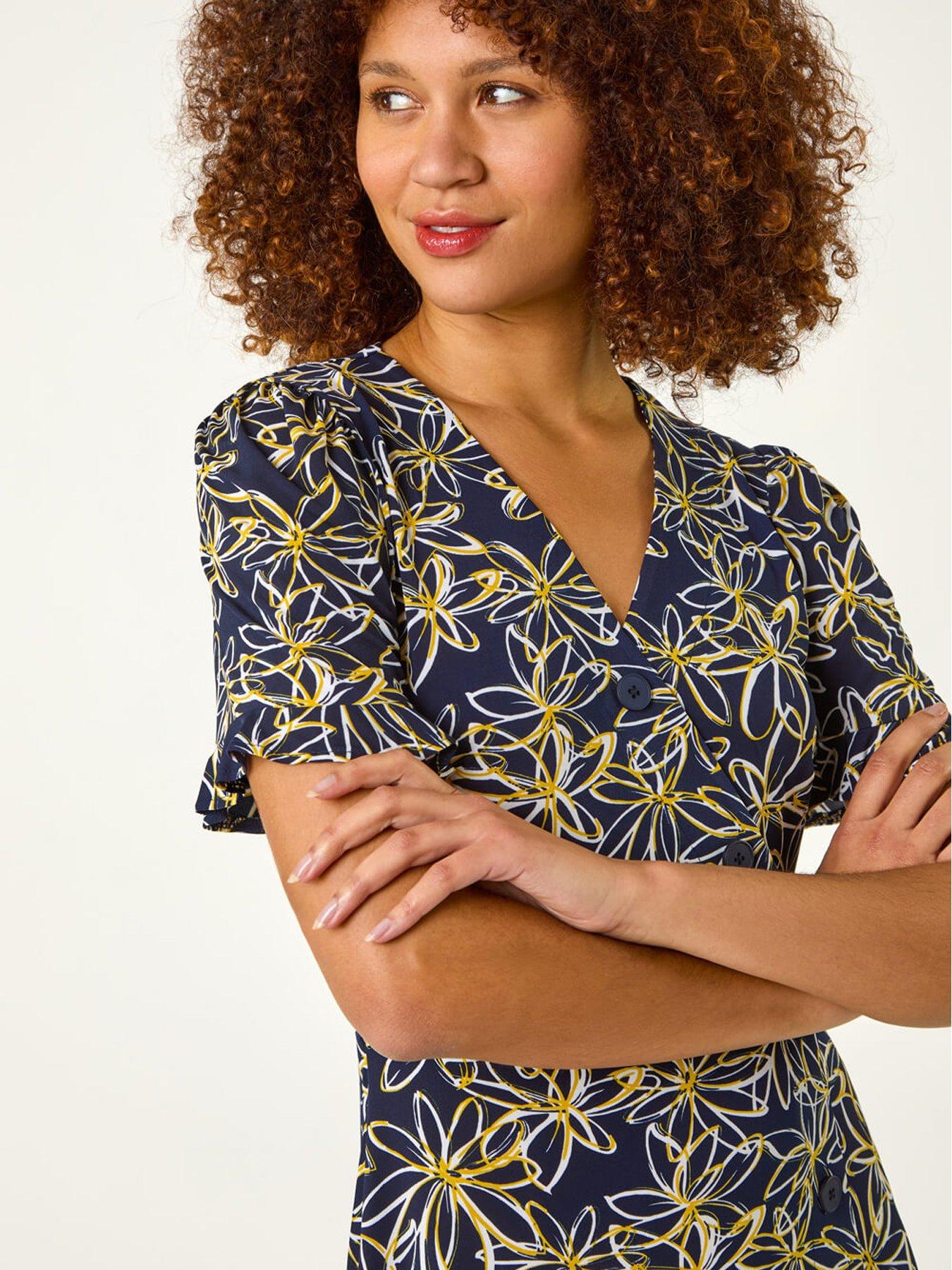 Image 4 of 5 of Roman Floral Print Side Button Dress - Yellow
