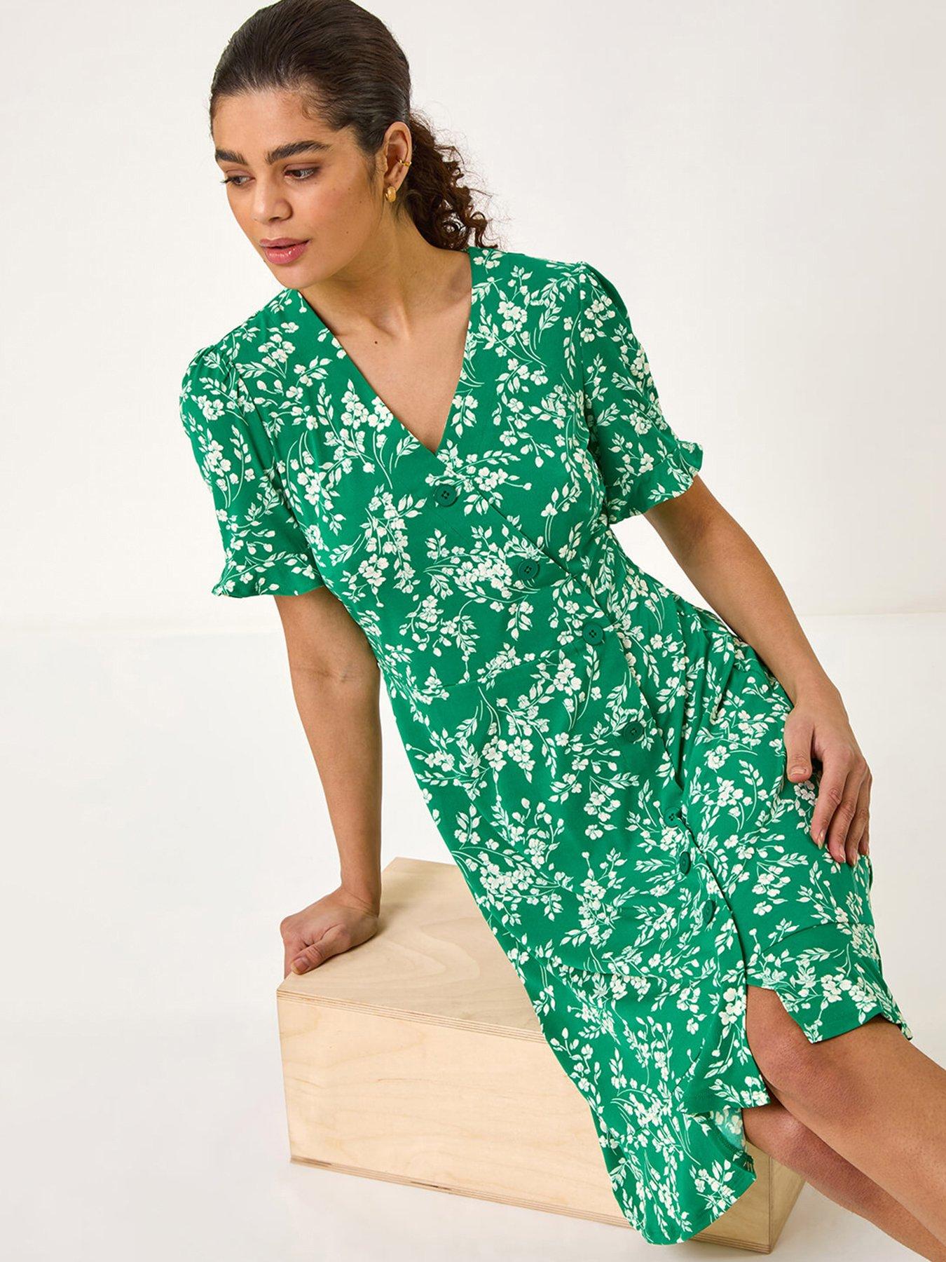 undefined Ditsy Floral Side Button Dress - Green