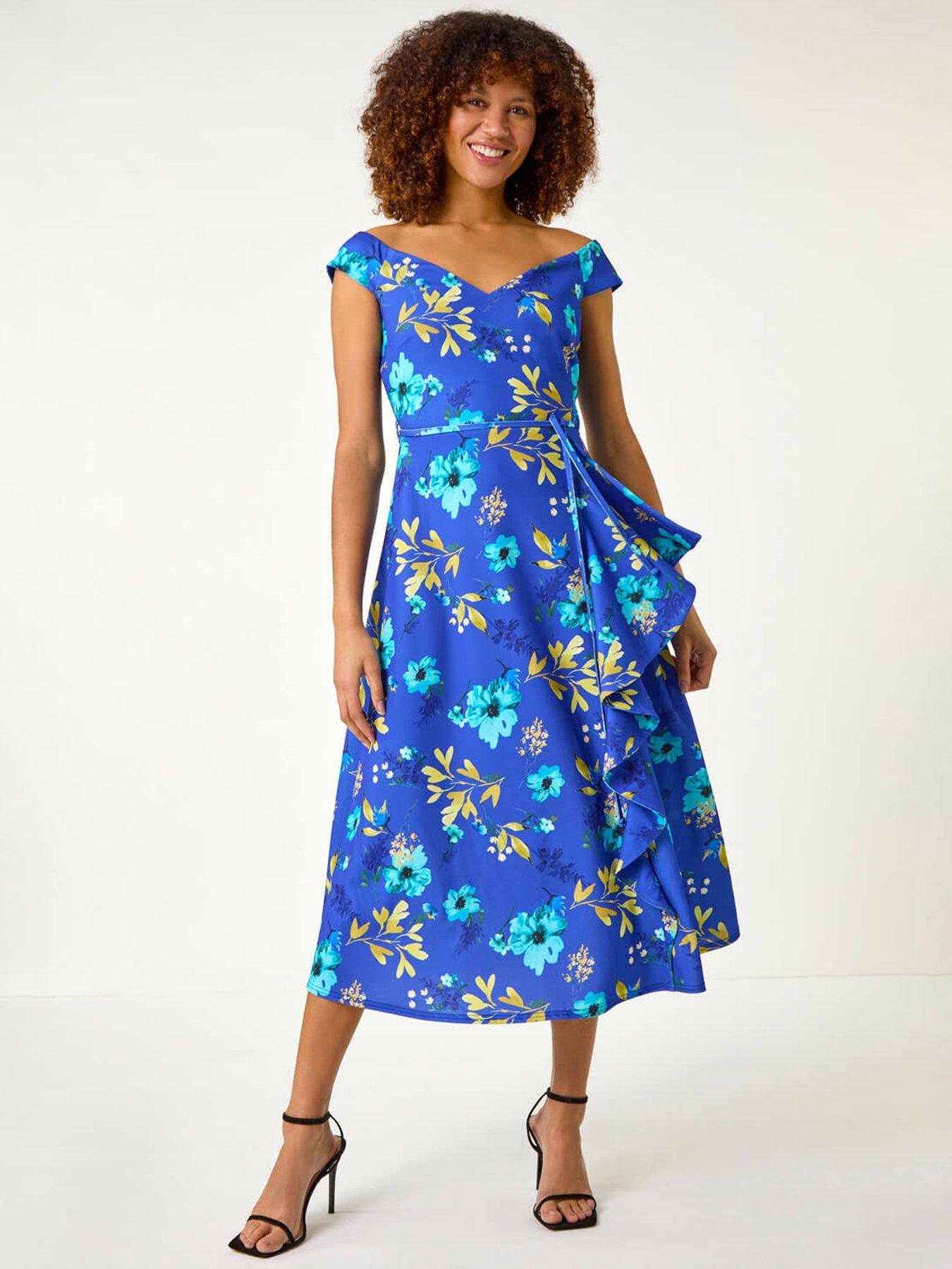 undefined Floral Print Bardot Ruffle Dress - Royal Blue