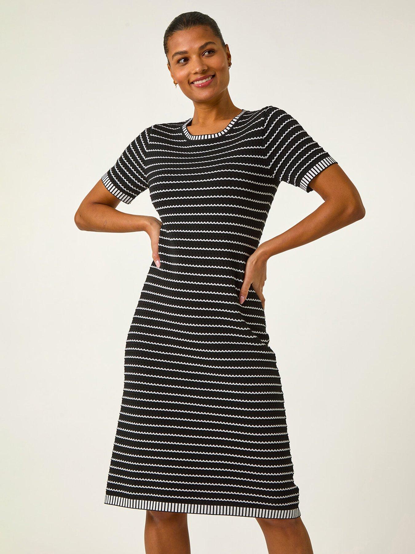 Roman Stripe Print Knitted Dress - Black