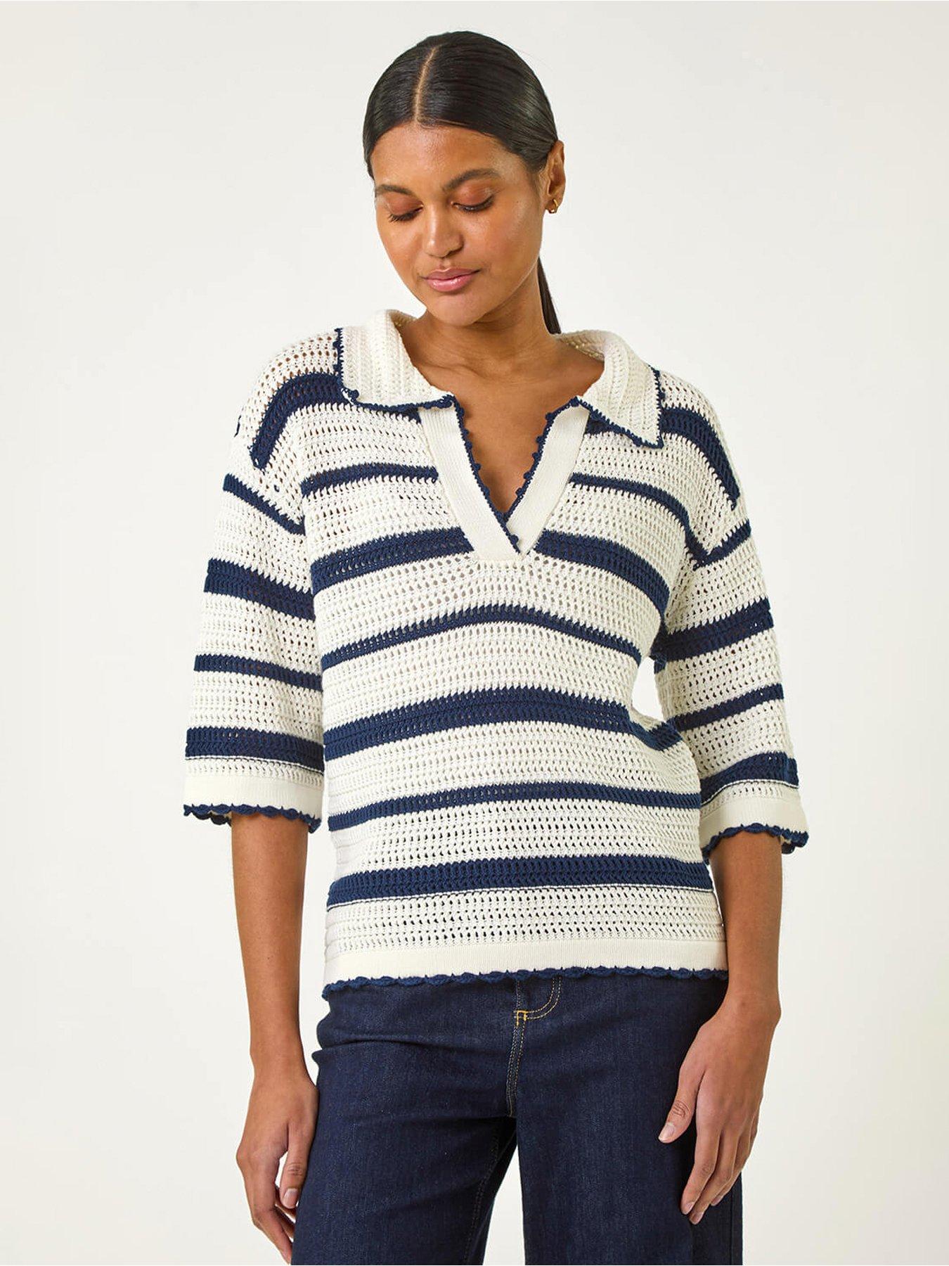 undefined Collared V-neck Stripe Knit - Navy