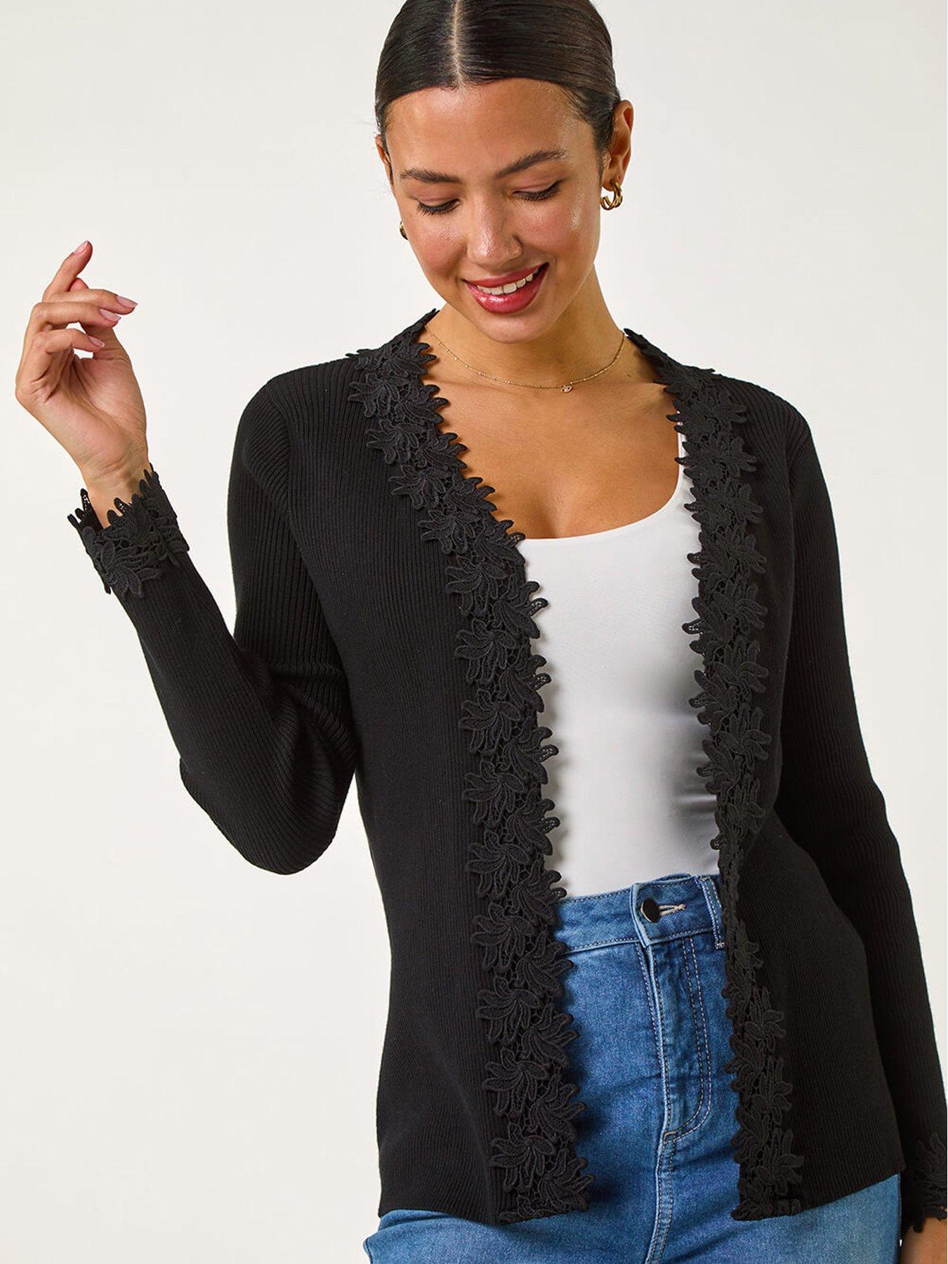 Lace-Trim Button-Front Knit Cardigan