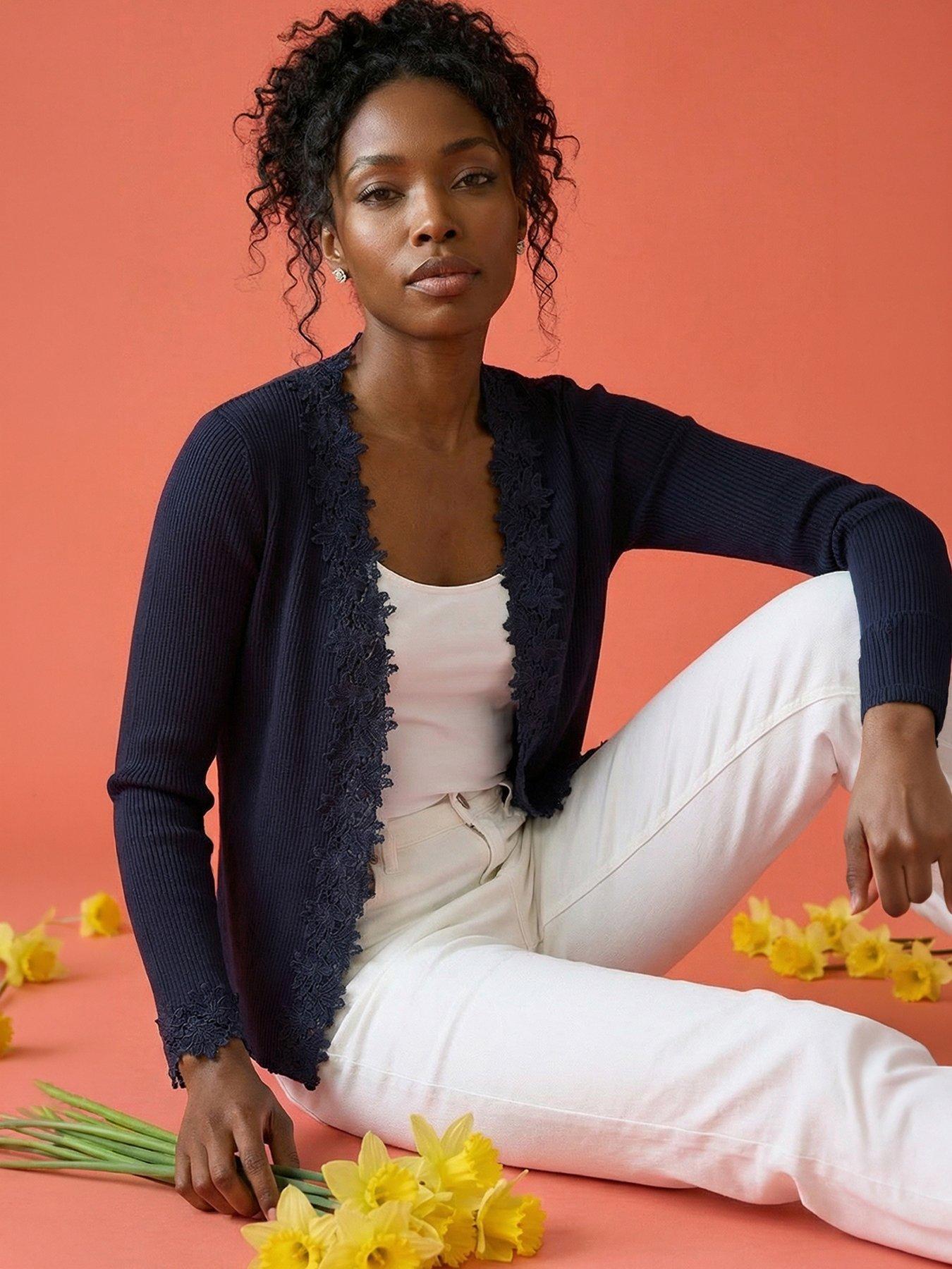 Roman Lace Trim Knit Cardigan, Navy, Size 18, Women